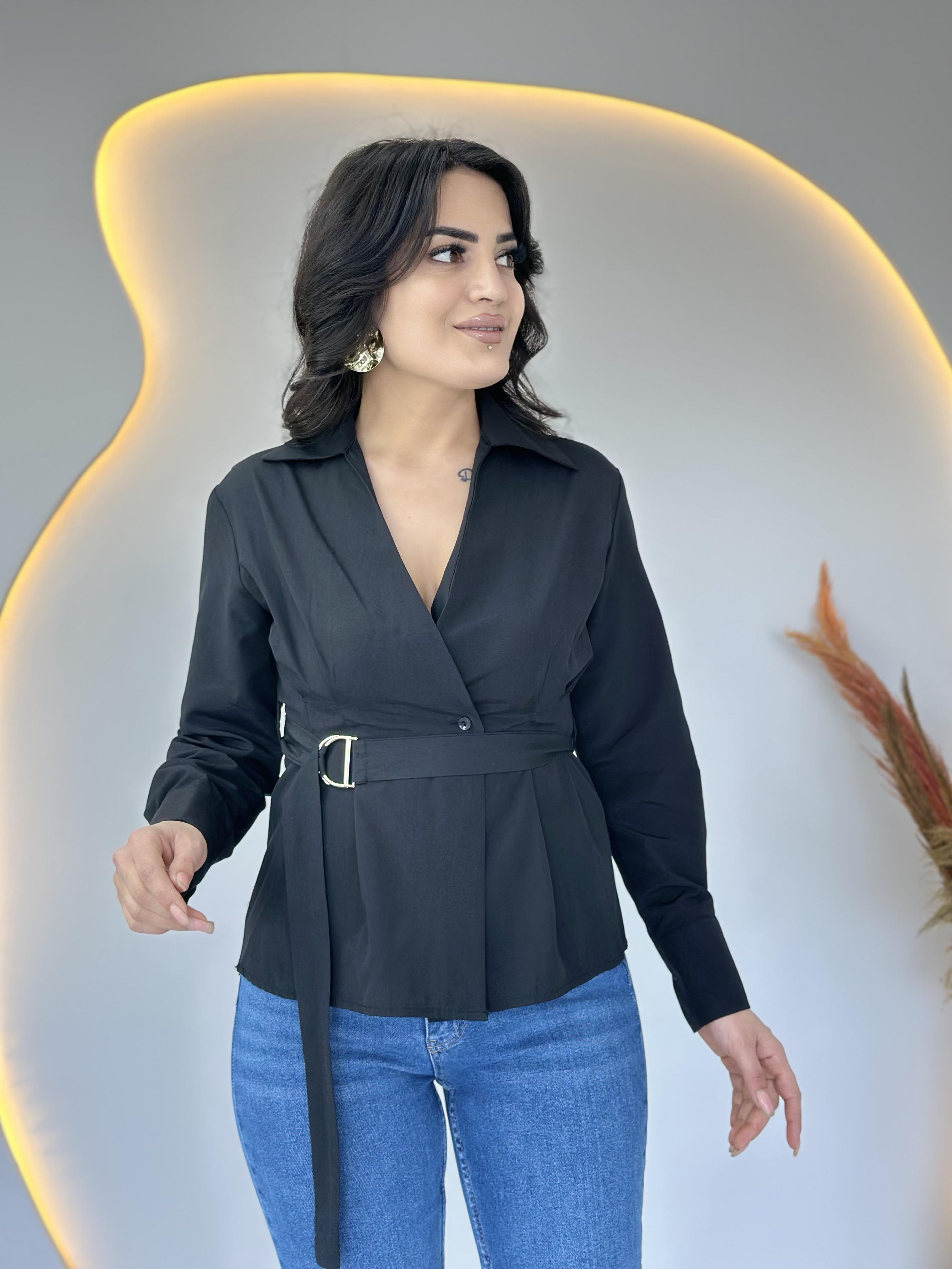 Olisse Siyah Belde Oturtmalı Kemerli Şık Bluz D050