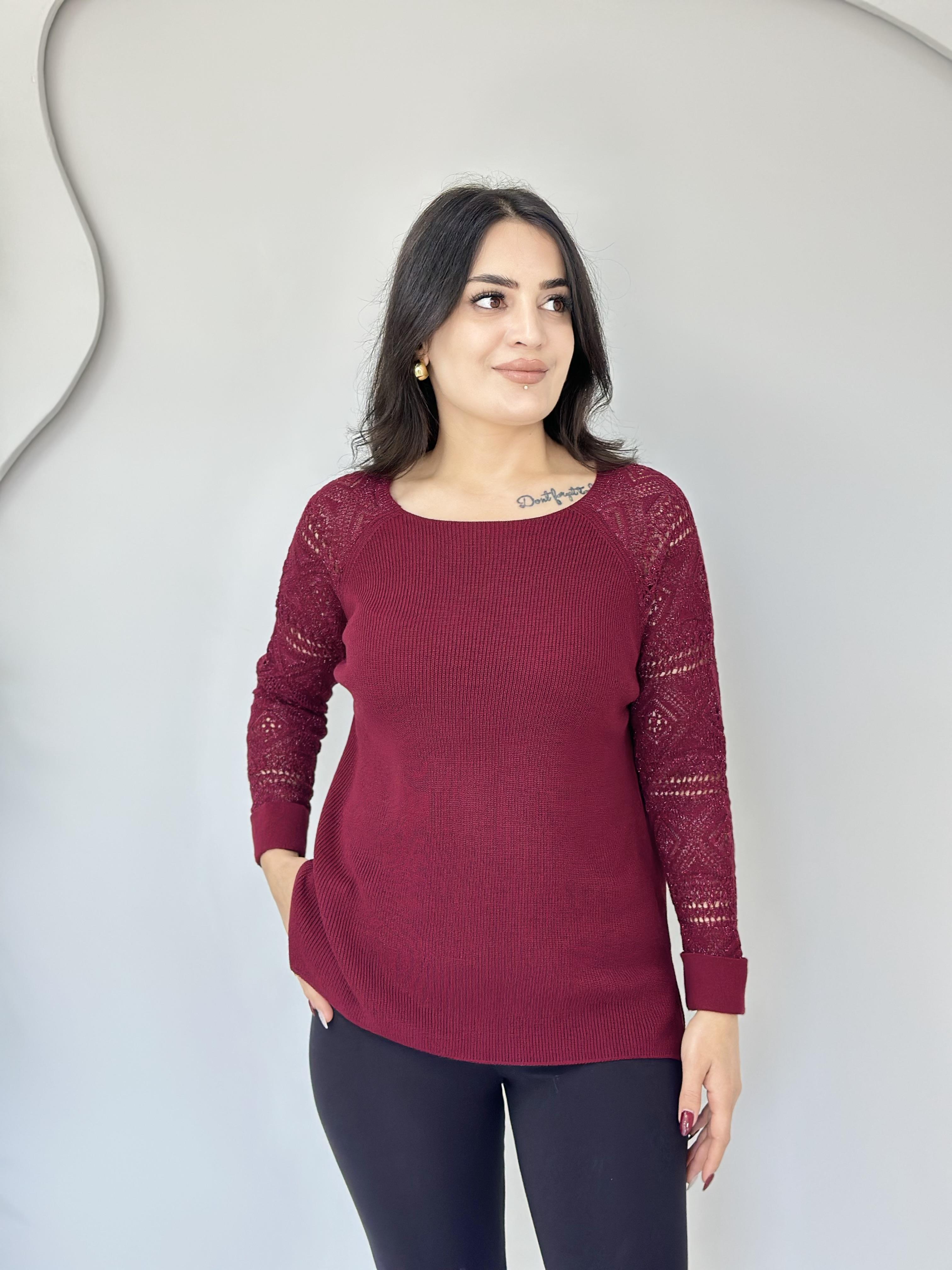 Oliva Bordo Bisiklet Yaka Örgü Kollu Triko Kazak A012