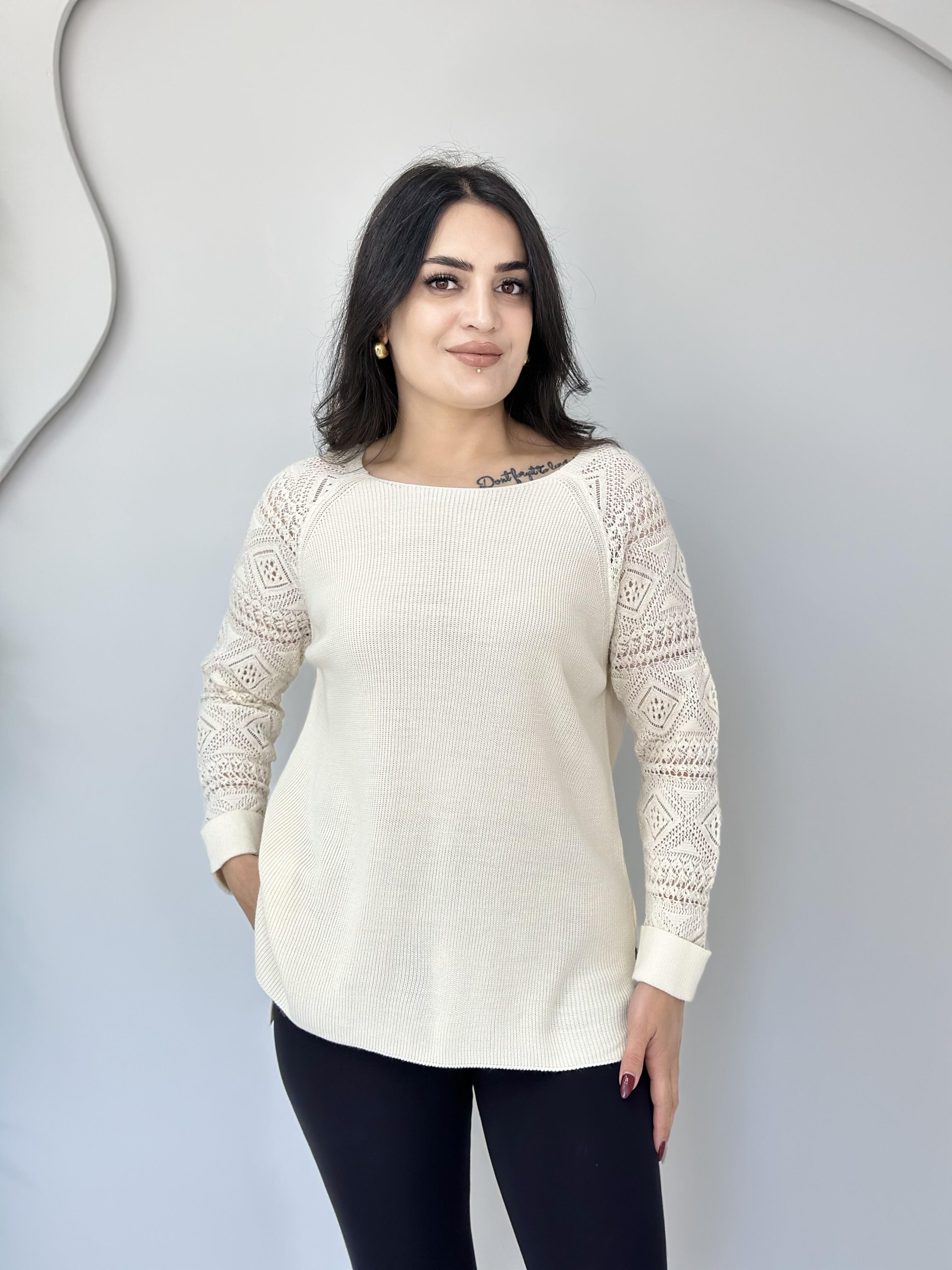 Oliva Ekru Bisiklet Yaka Örgü Kollu Triko Kazak A004
