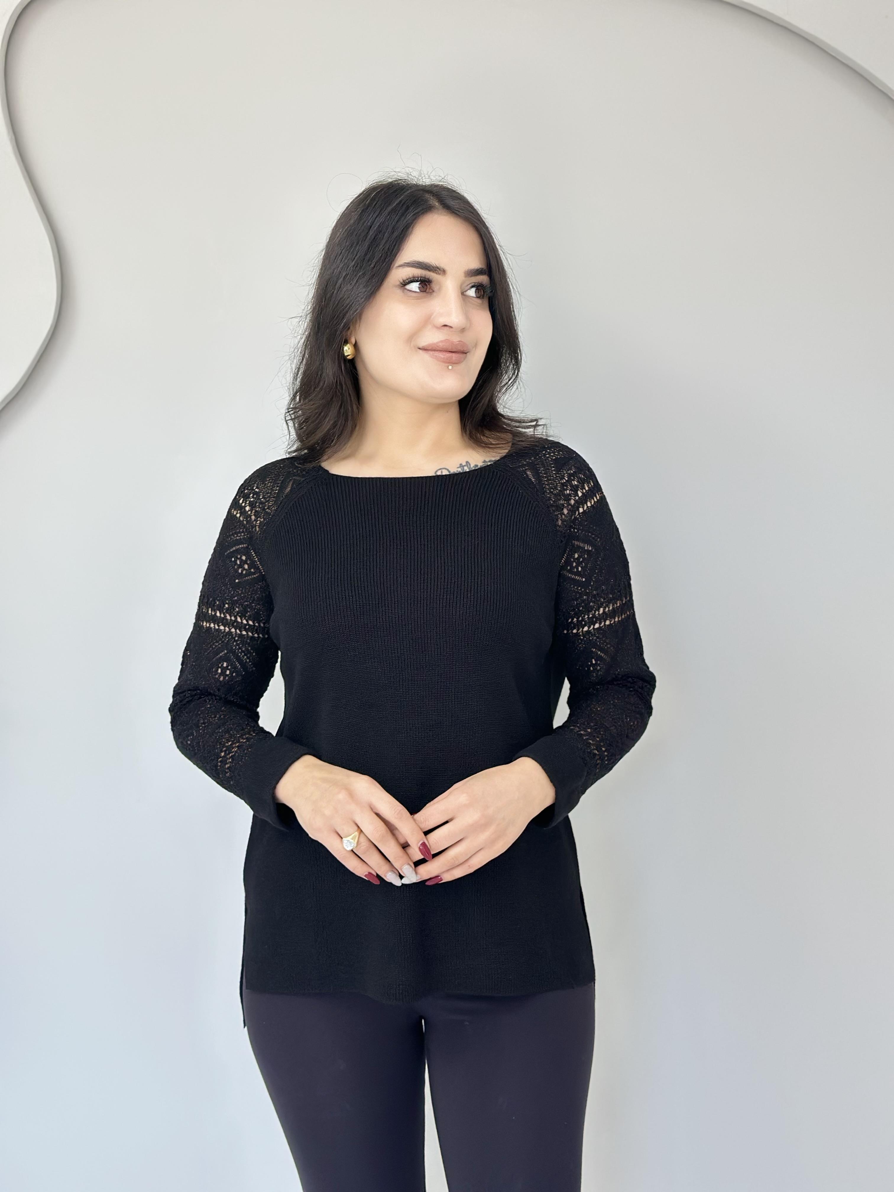 Oliva Siyah Bisiklet Yaka Örgü Kollu Triko Kazak A005