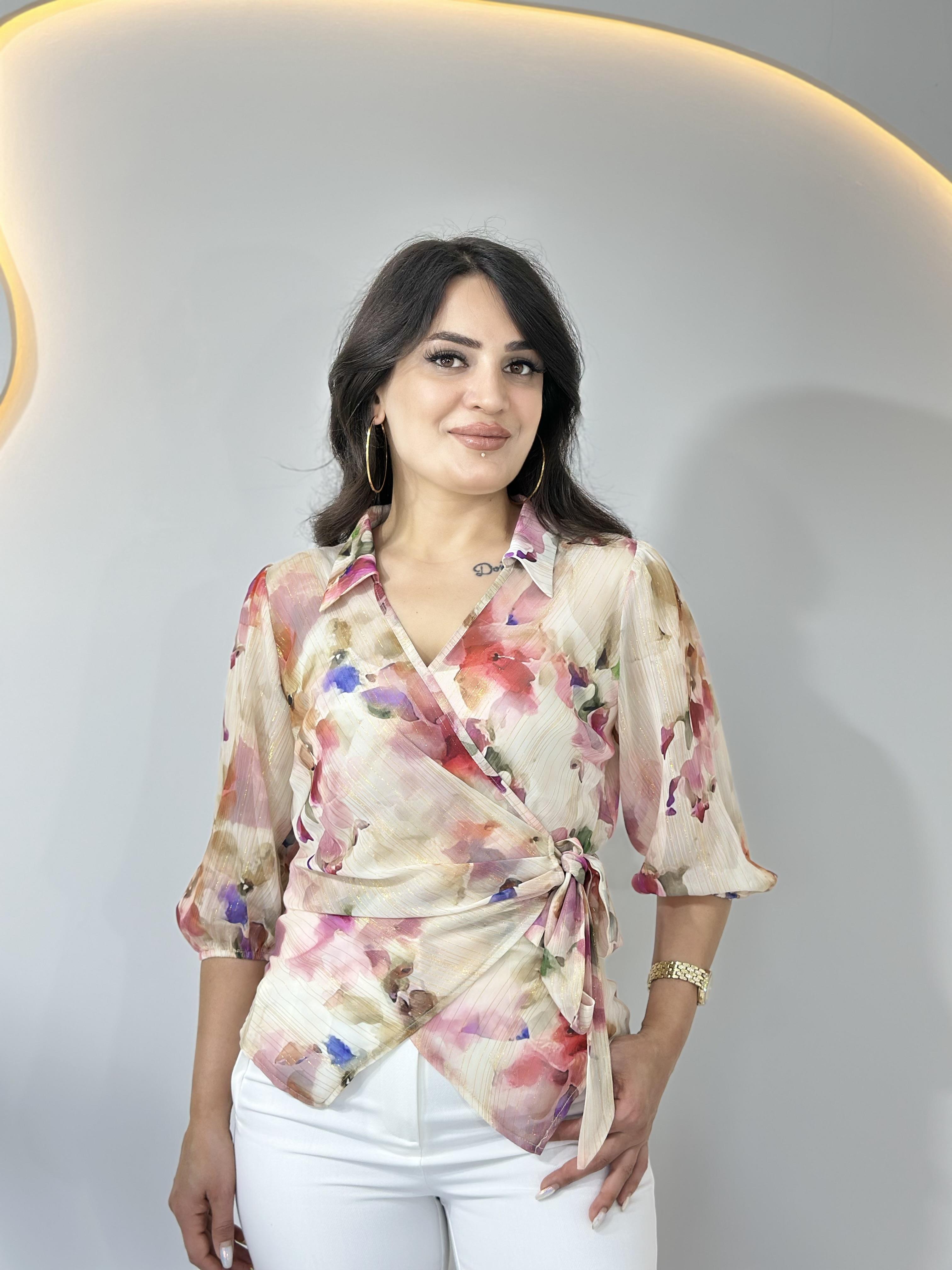 Oryo Pembe Şifon Sim Detaylı Bağlamalı Desenli Bluz A035