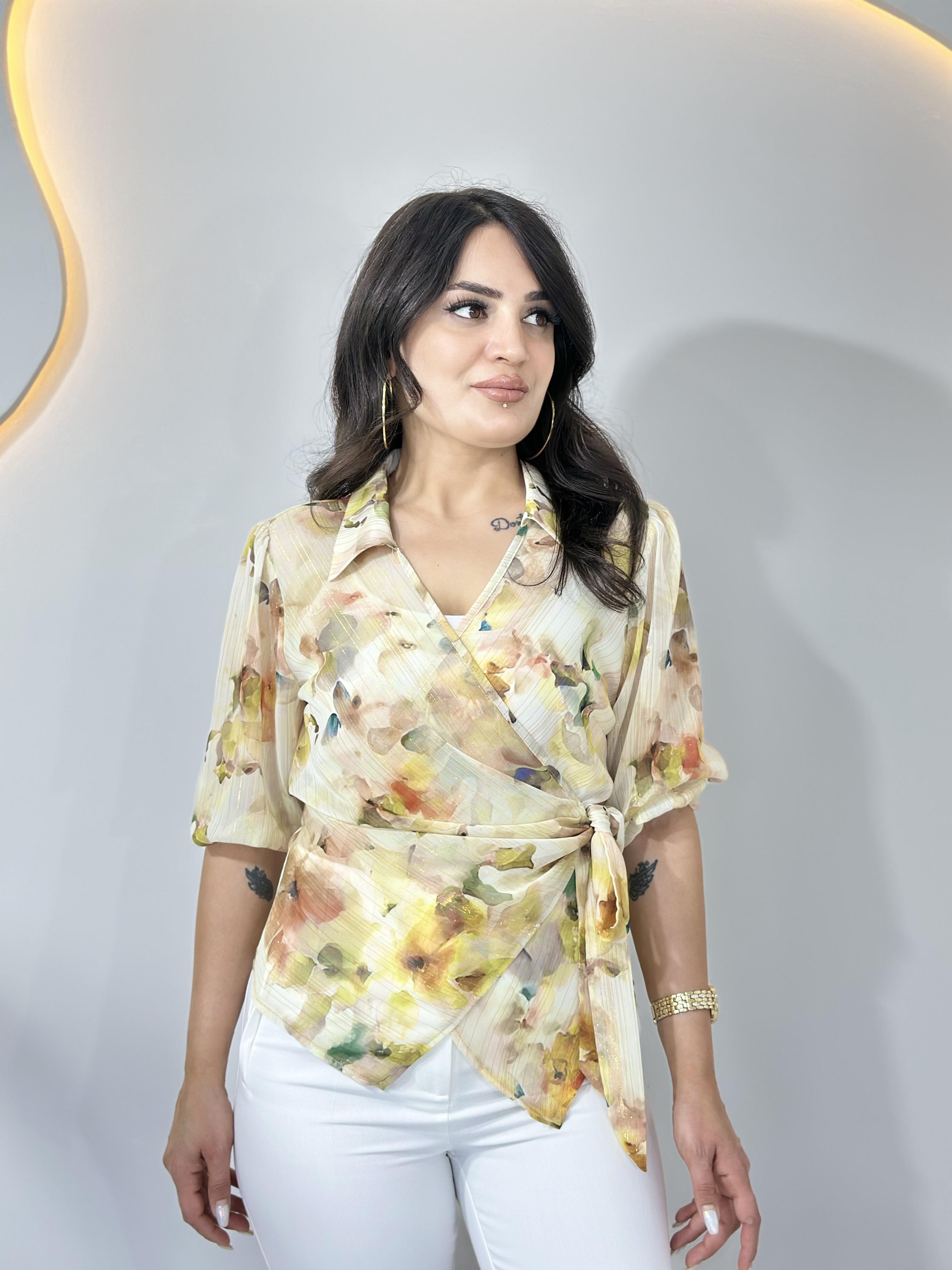 Oryo Sarı  Şifon Sim Detaylı Bağlamalı Desenli Bluz A027