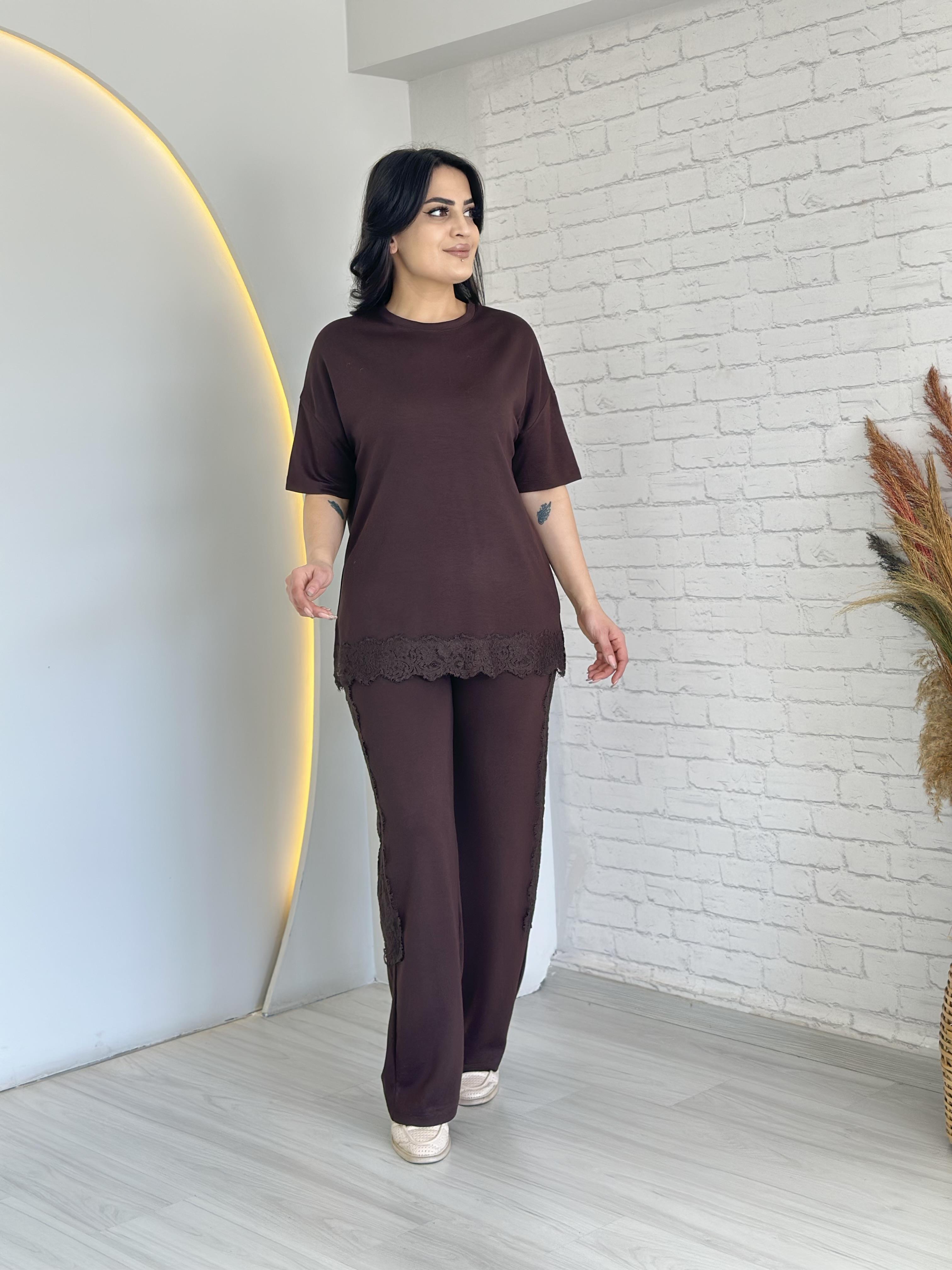 Otis Acı Kahve Dantel Detaylı Beli Lastikli Modal İkili Takım D036