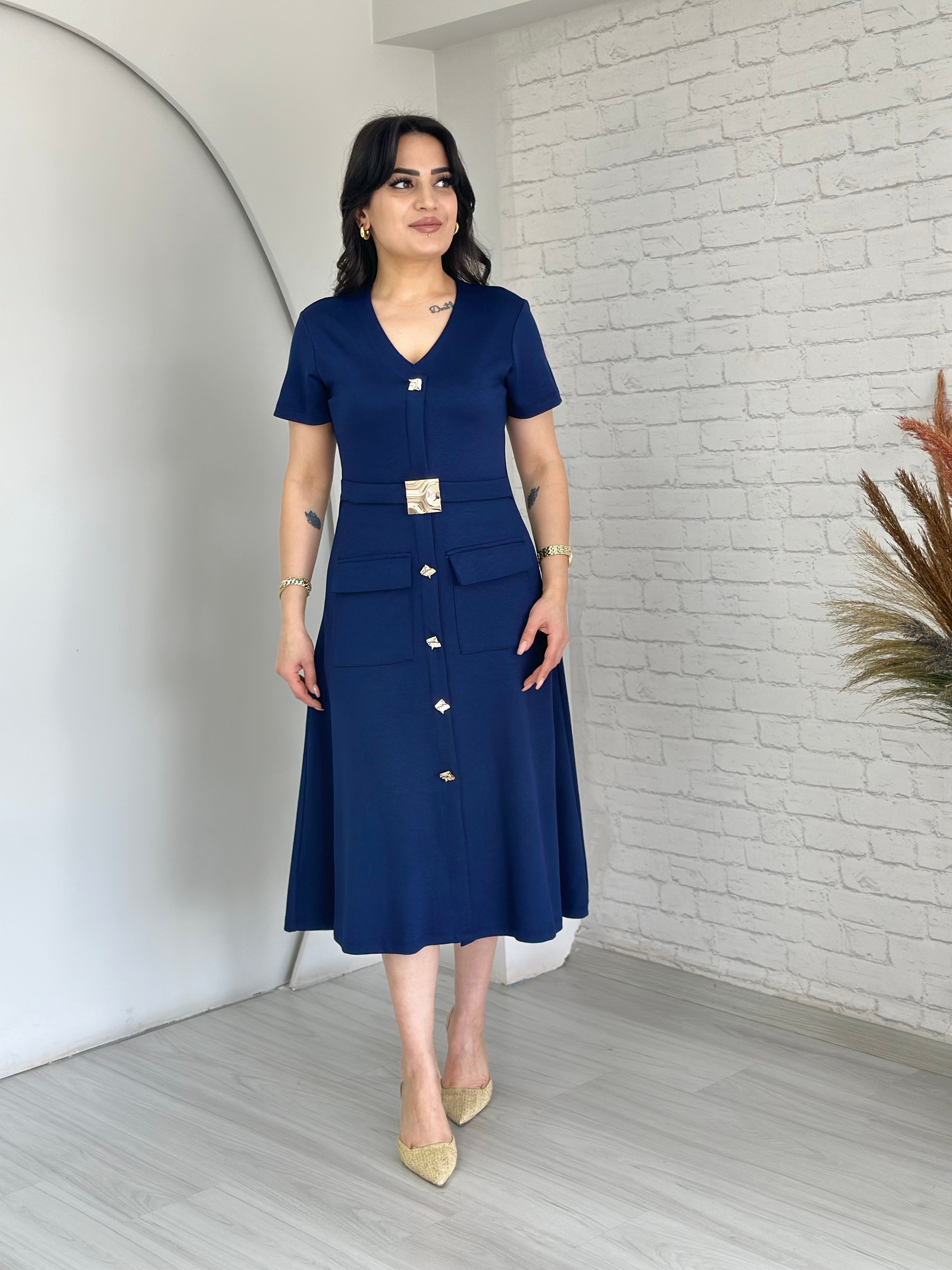 Parla Lacivert Gold Düğmeli Kemerli Elbise D074