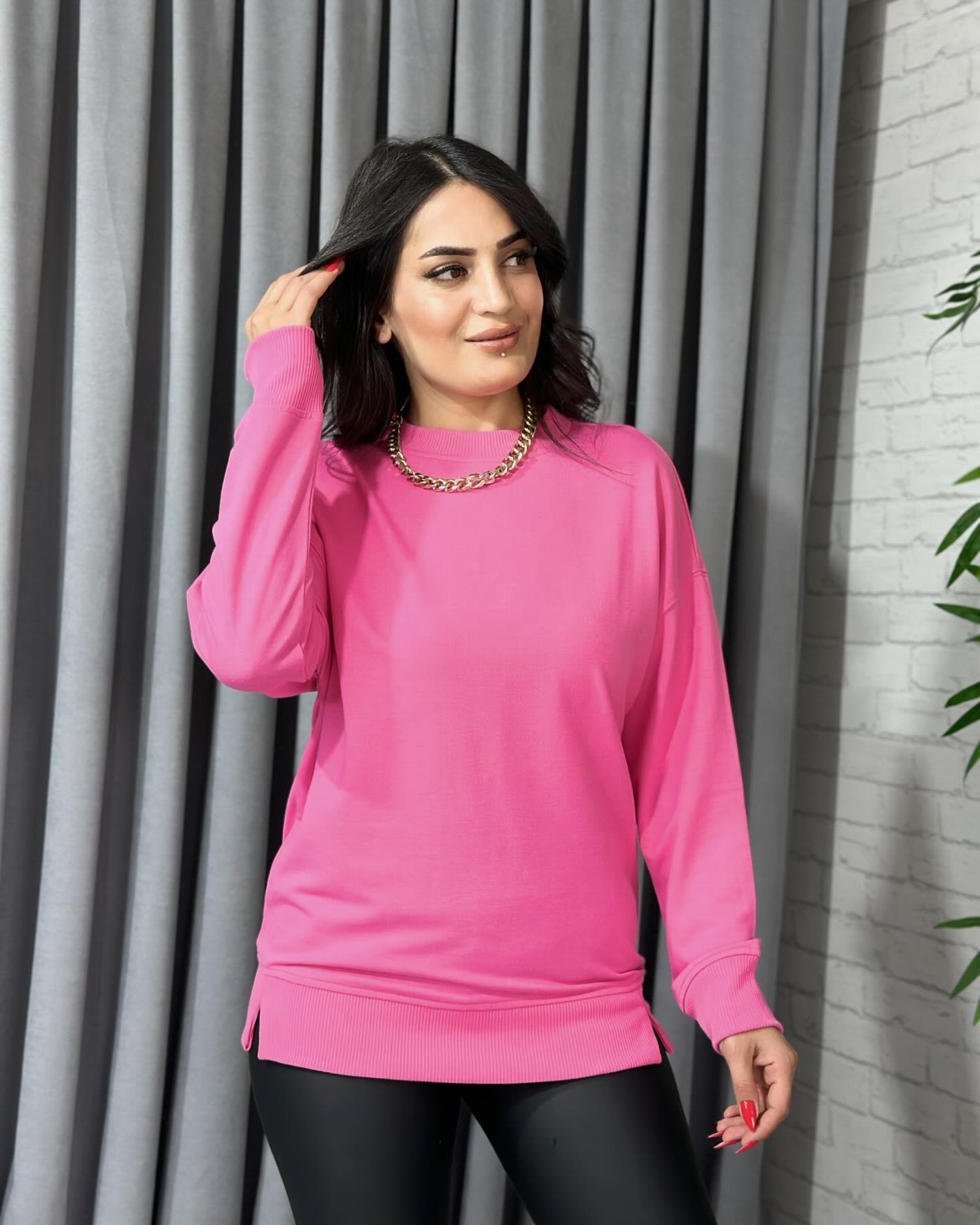 Pembe Bisiklet Yaka Pamuklu Sweatshirt 