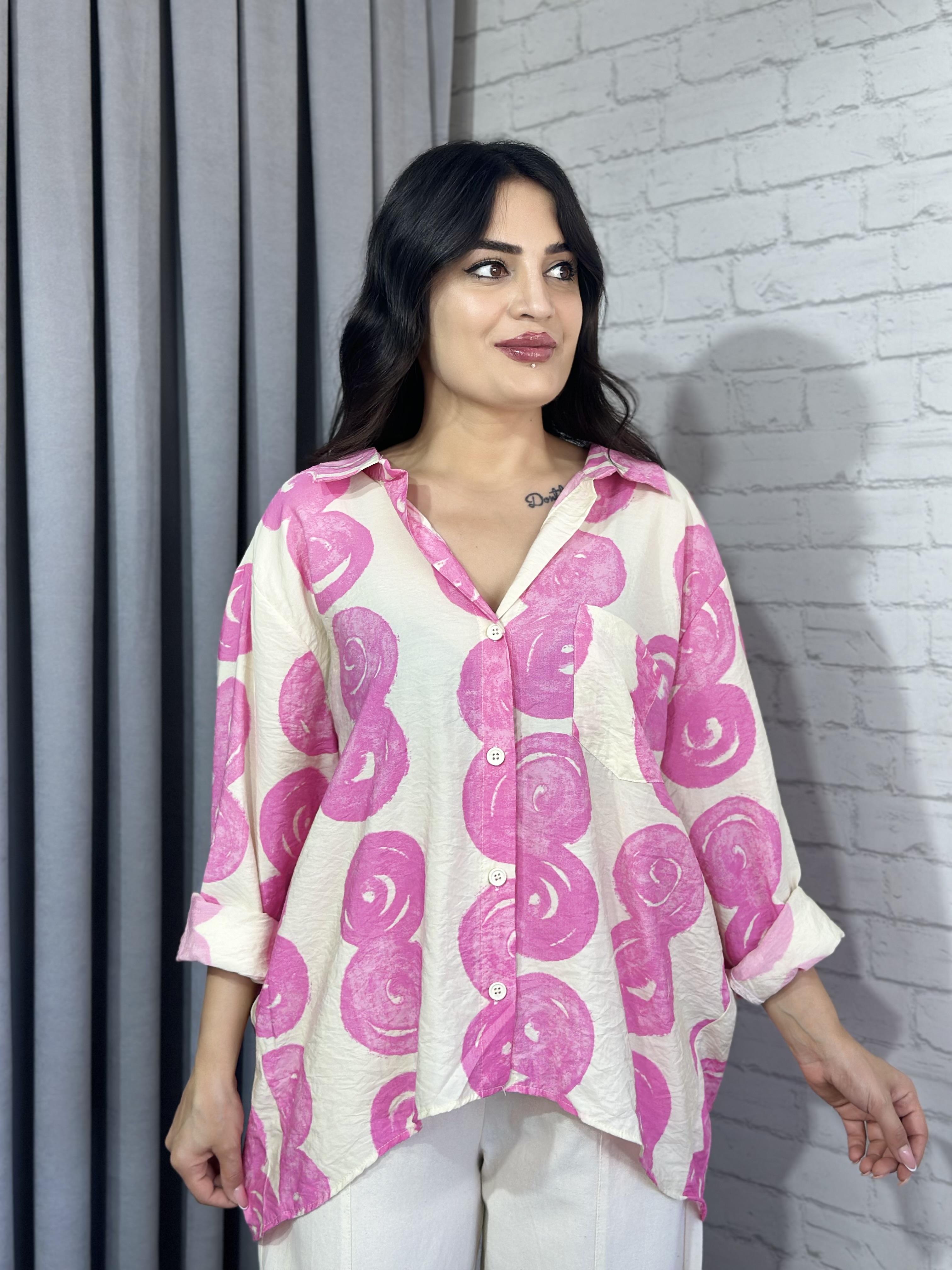 Pembe Ekru Desenli Oversize Gömlek 