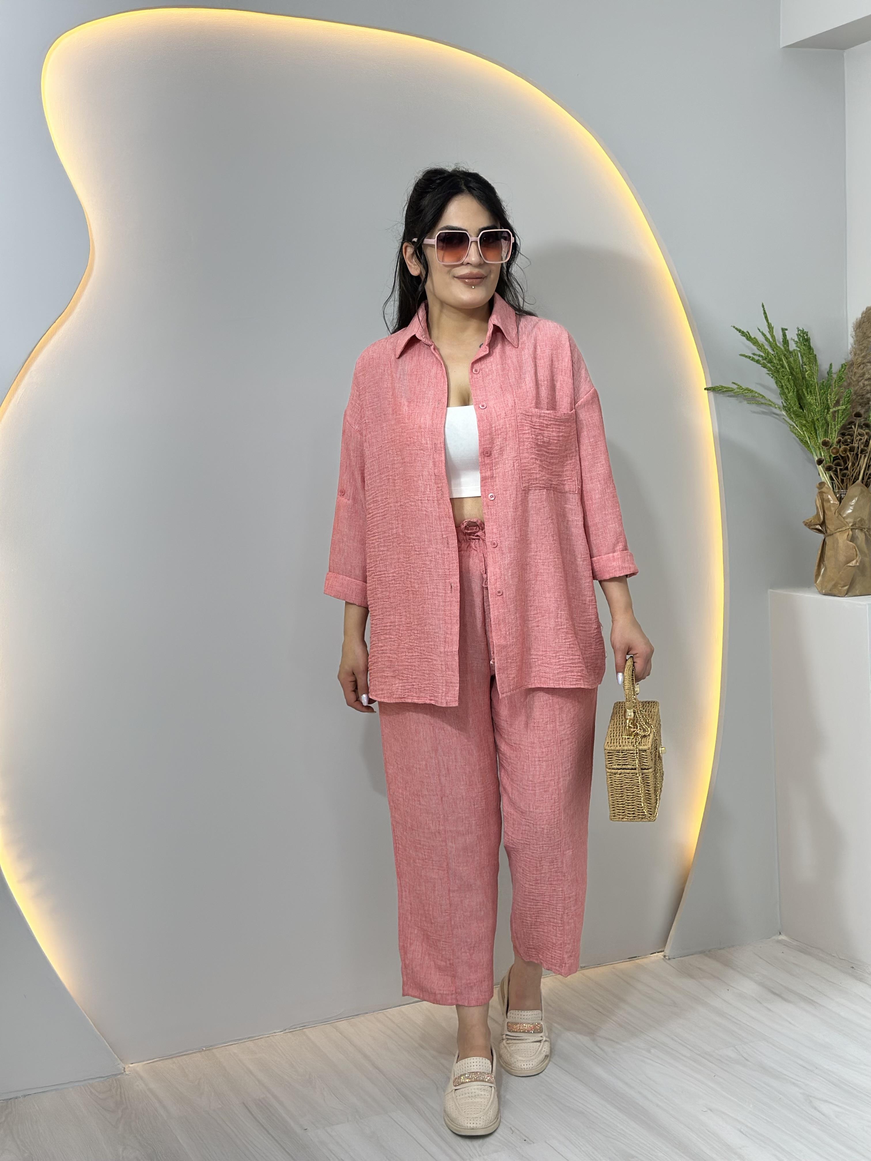 Pembe  Keten Gömlek Pantolon 2'Li Takım  A033