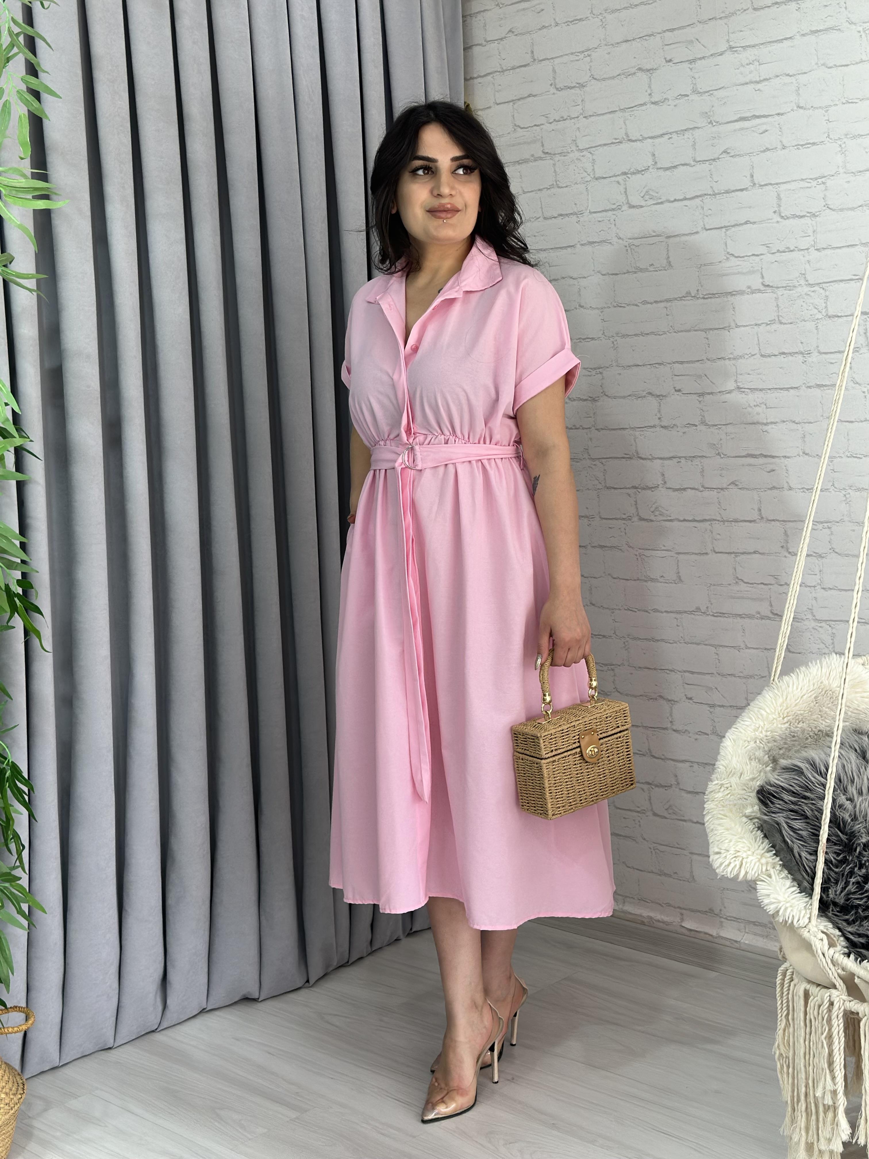 Pembe Poplin Kumaş Beli Lastikli Kemerli Midi Boy Elbise A021