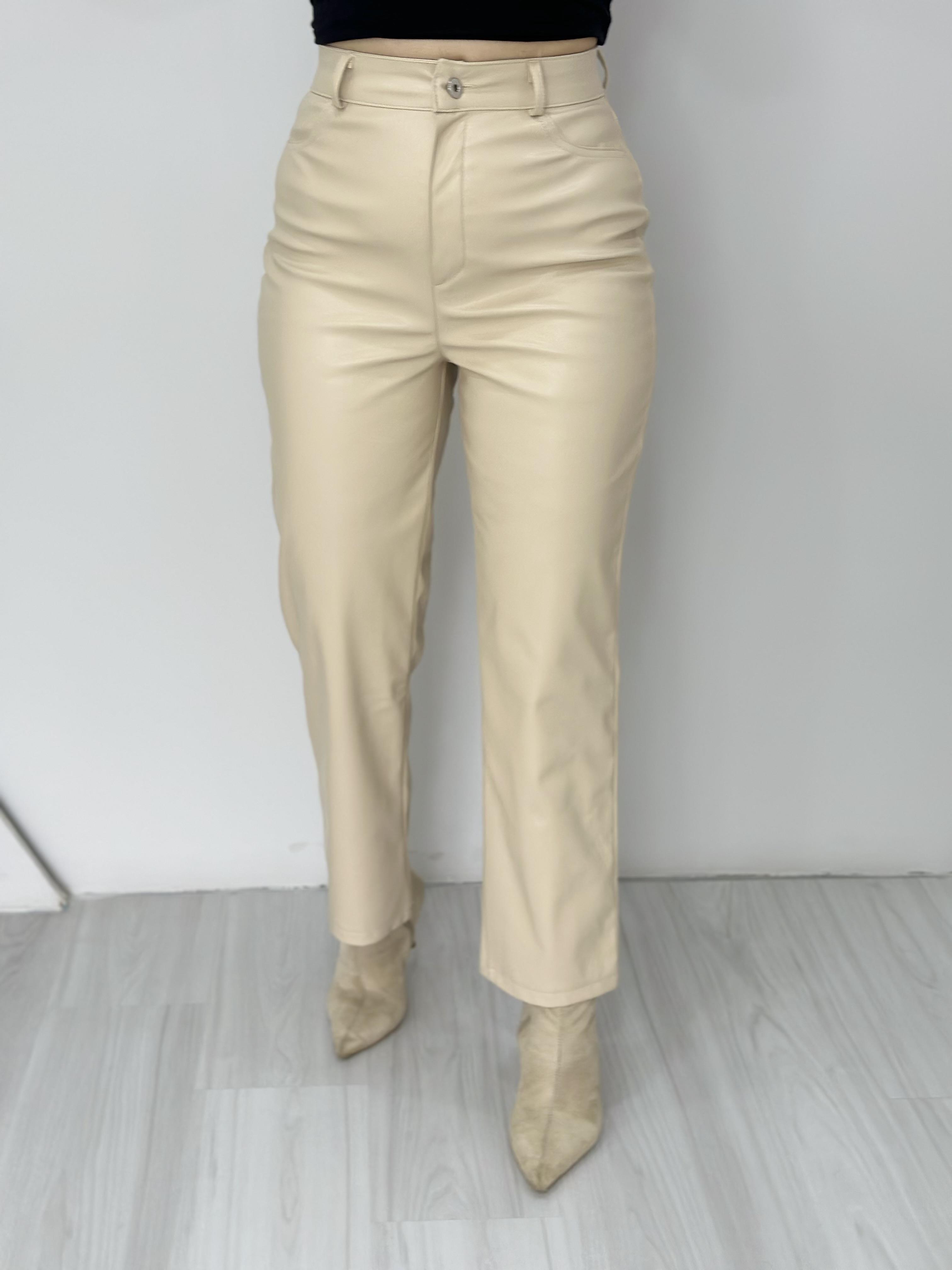 Pena Krem Marka Yüksek Bel Şardonlu Deri Pantolon A096