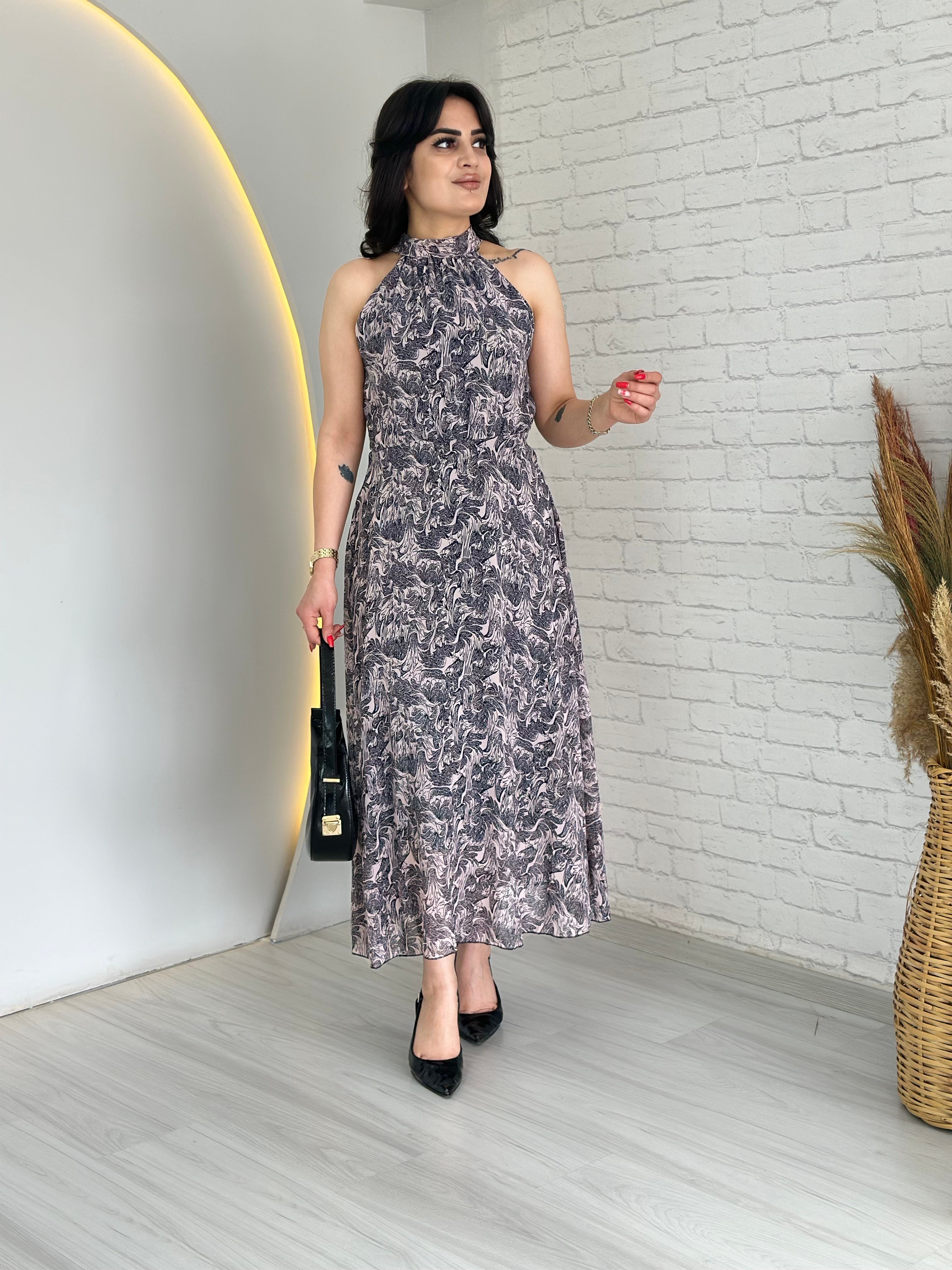 Pepe Pudra Halter Yaka Şifon Astarlı Elbise D094