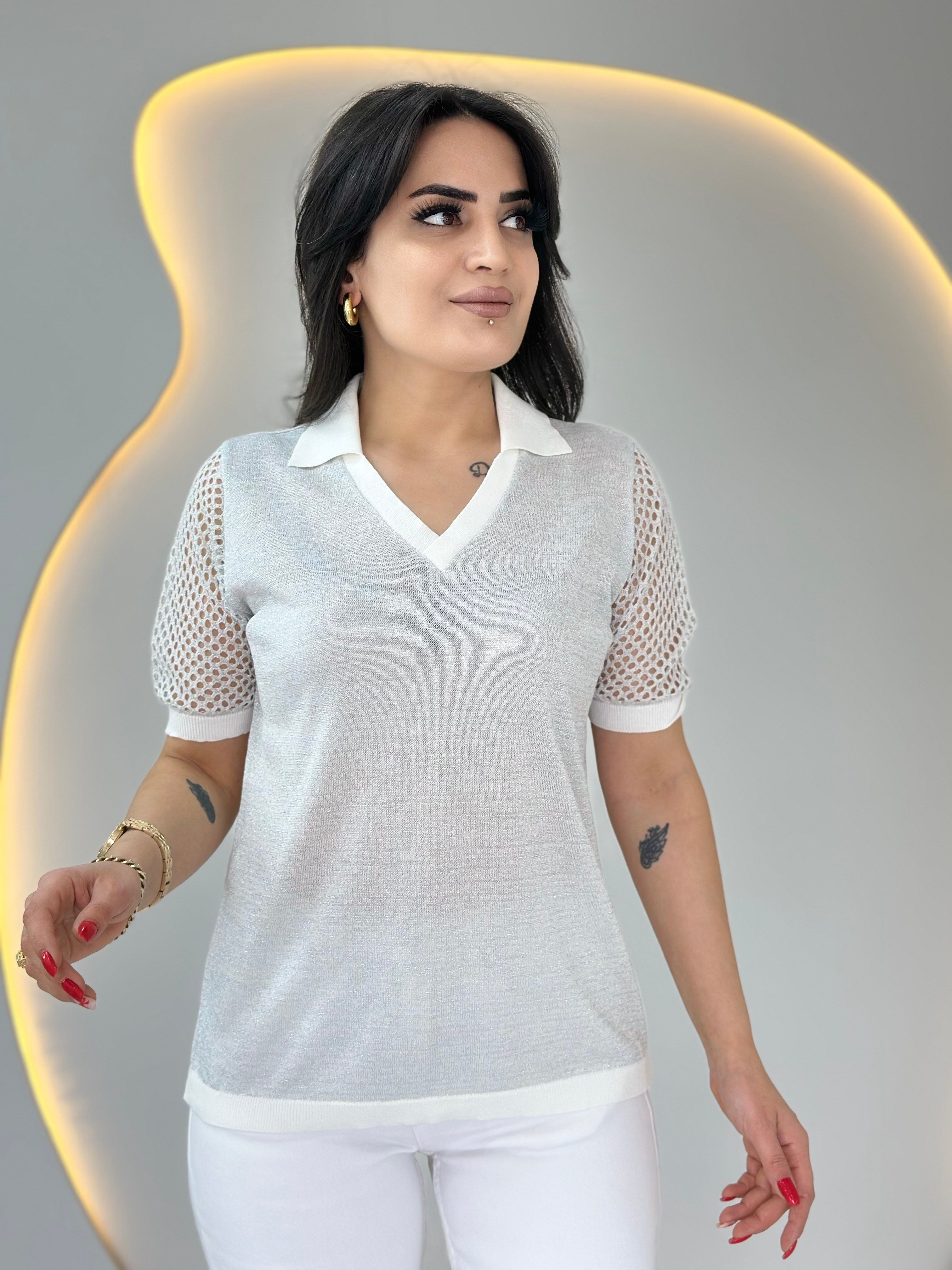 Pera Beyaz  Polo Yaka Ajurlu Çelik Merserize Bluz D089