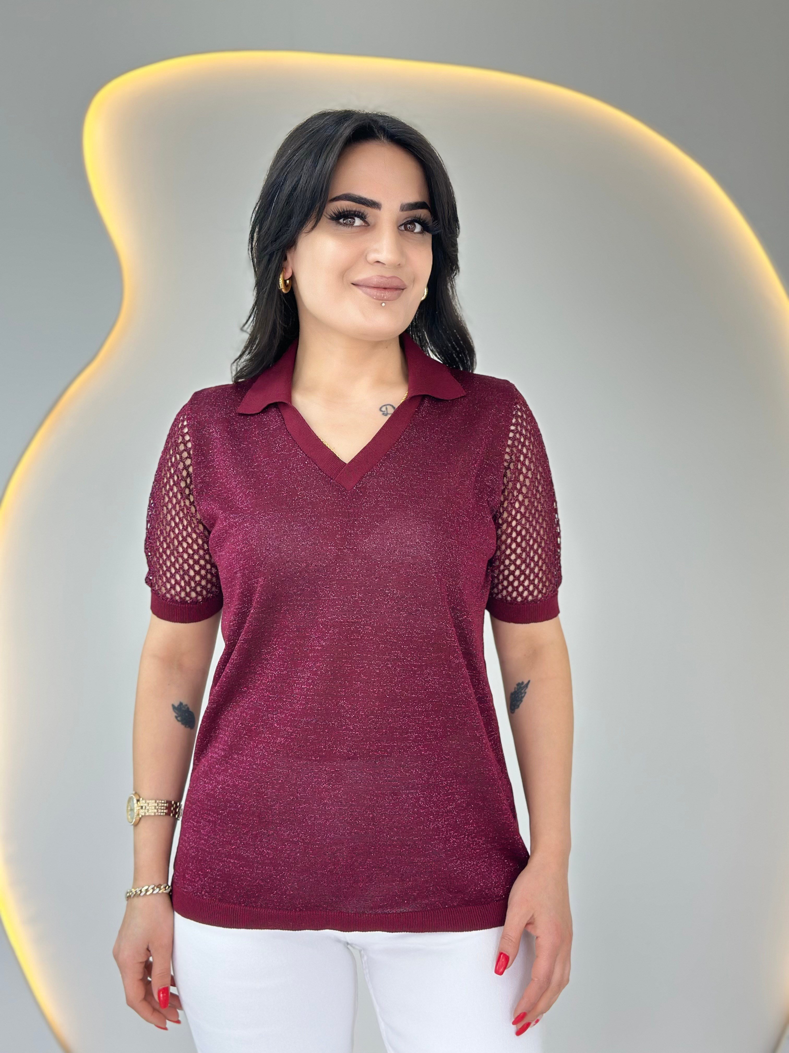 Pera Bordo Polo Yaka Ajurlu Çelik Merserize Bluz D089