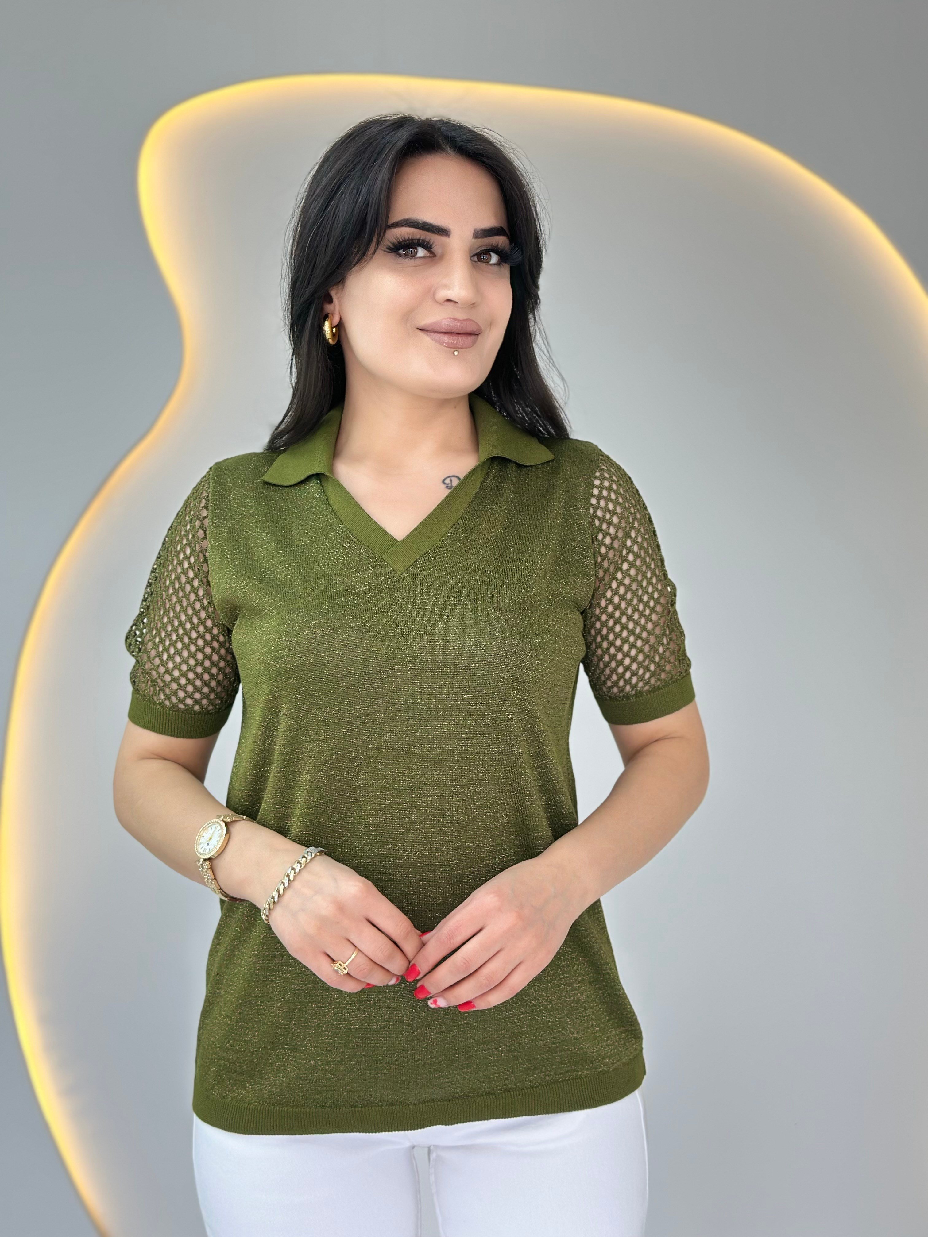 Pera Haki Polo Yaka Ajurlu Çelik Merserize Bluz D089