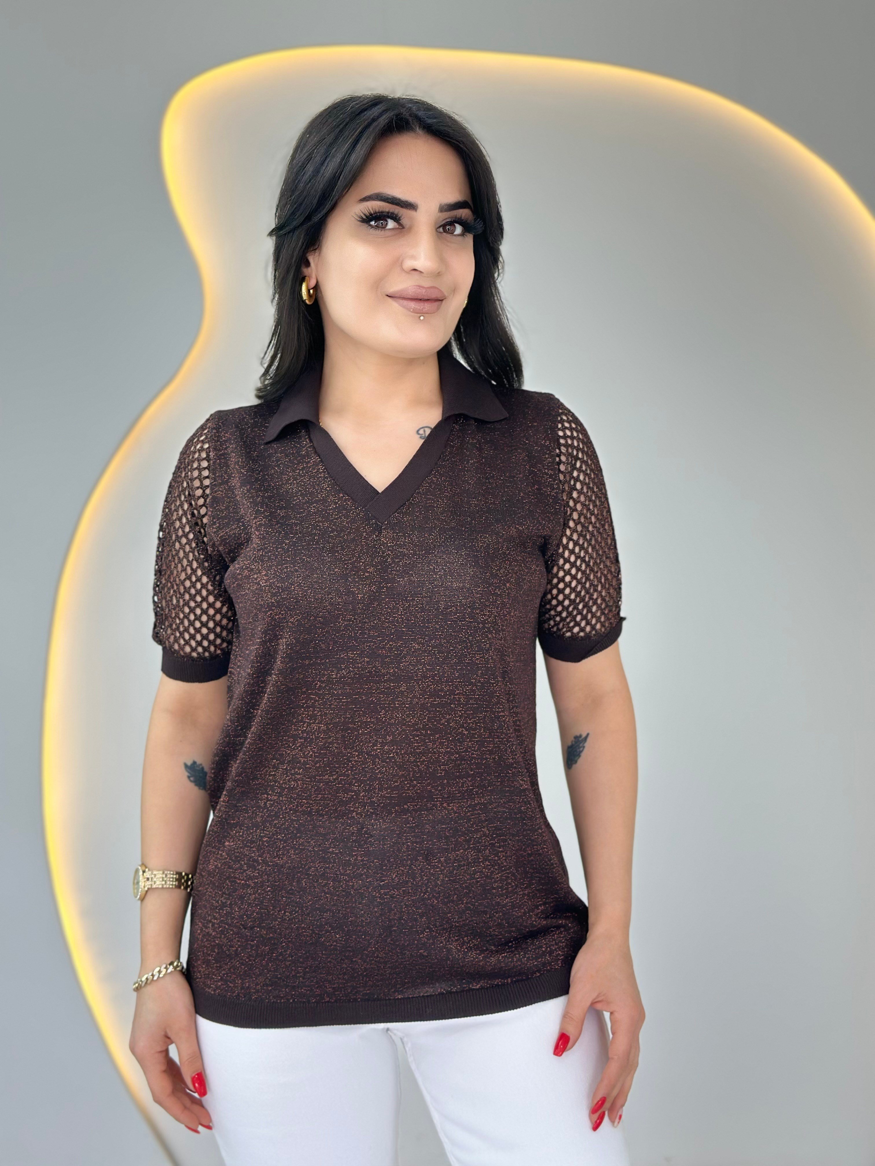 Pera Kahve Polo Yaka Ajurlu Çelik Merserize Bluz D089