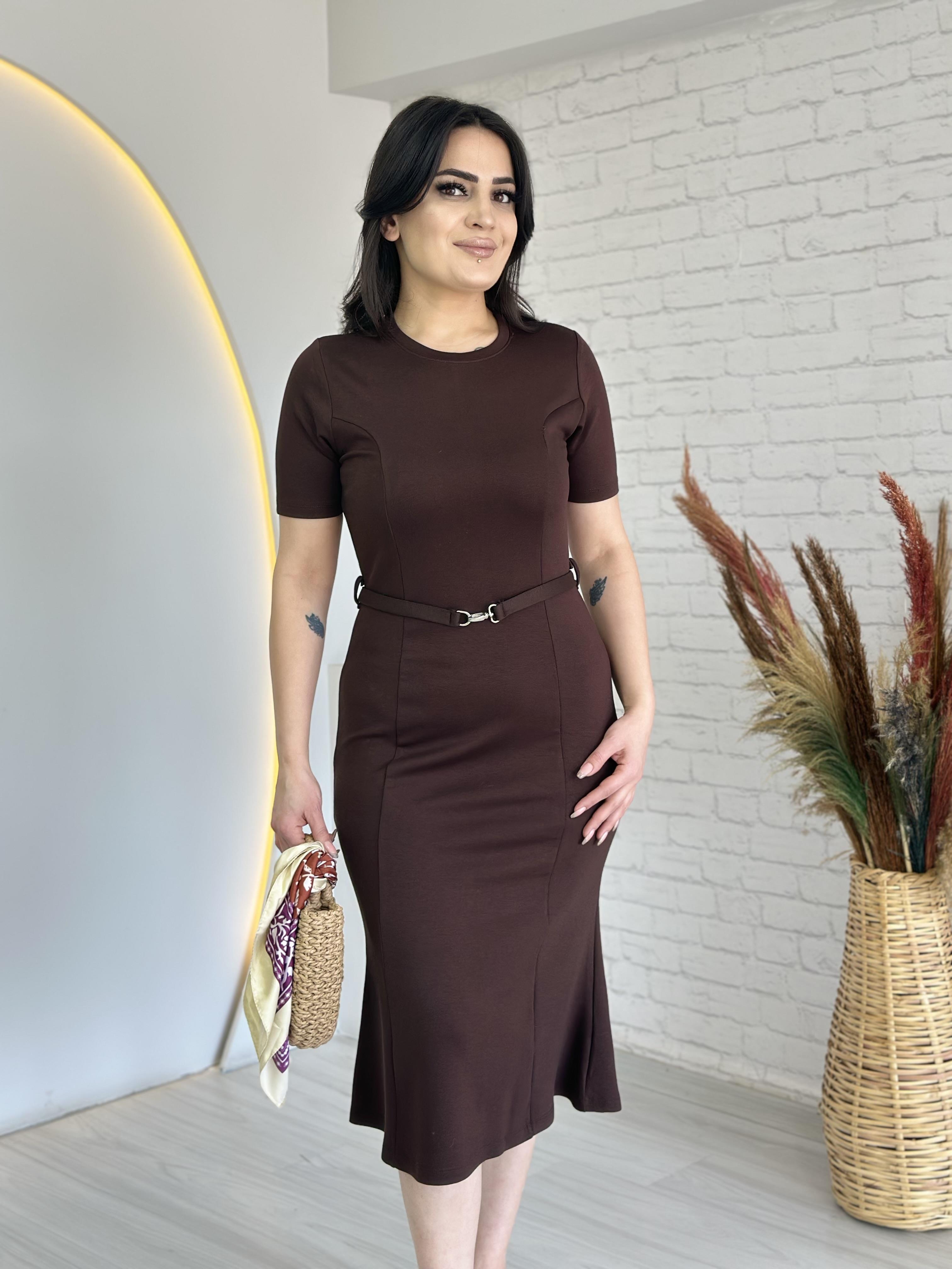 Perry Acı Kahve Kısa Kol Kemerli Midi Boy Elbise D041 