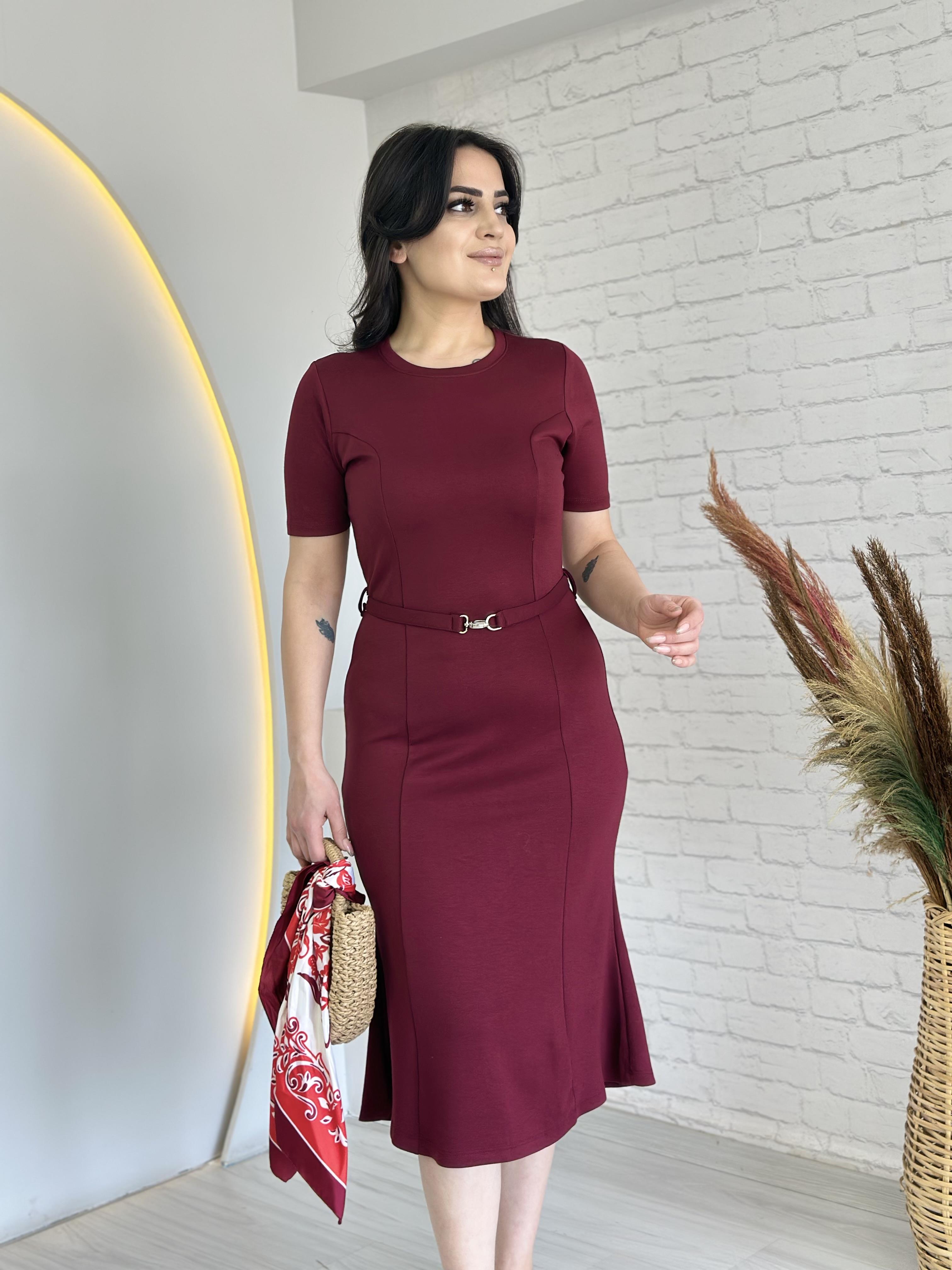 Perry Bordo Kısa Kol Kemerli Midi Boy Elbise D041