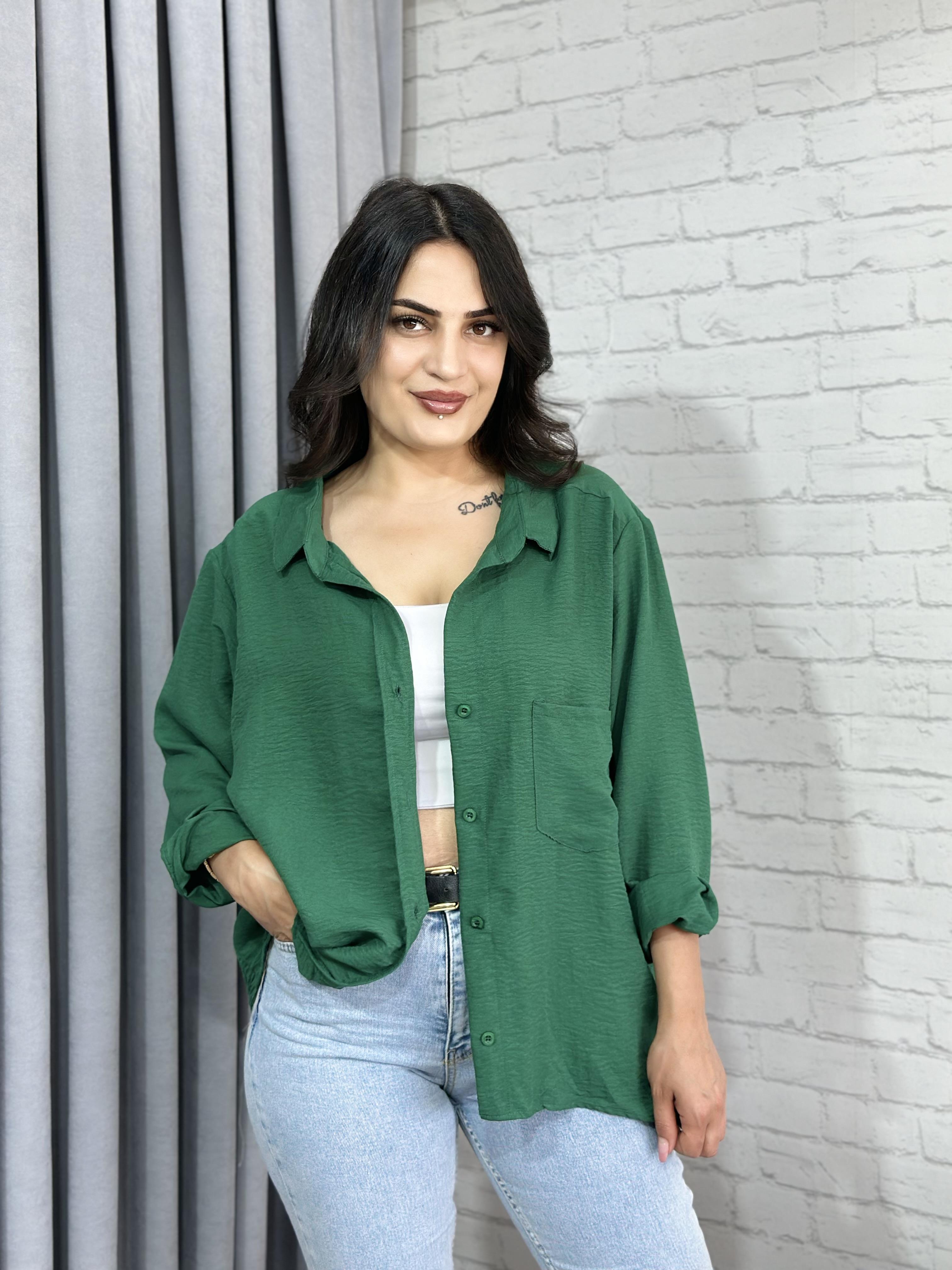 Petrol Yeşili Tensel Bambu Oversize Cepli Gömlek