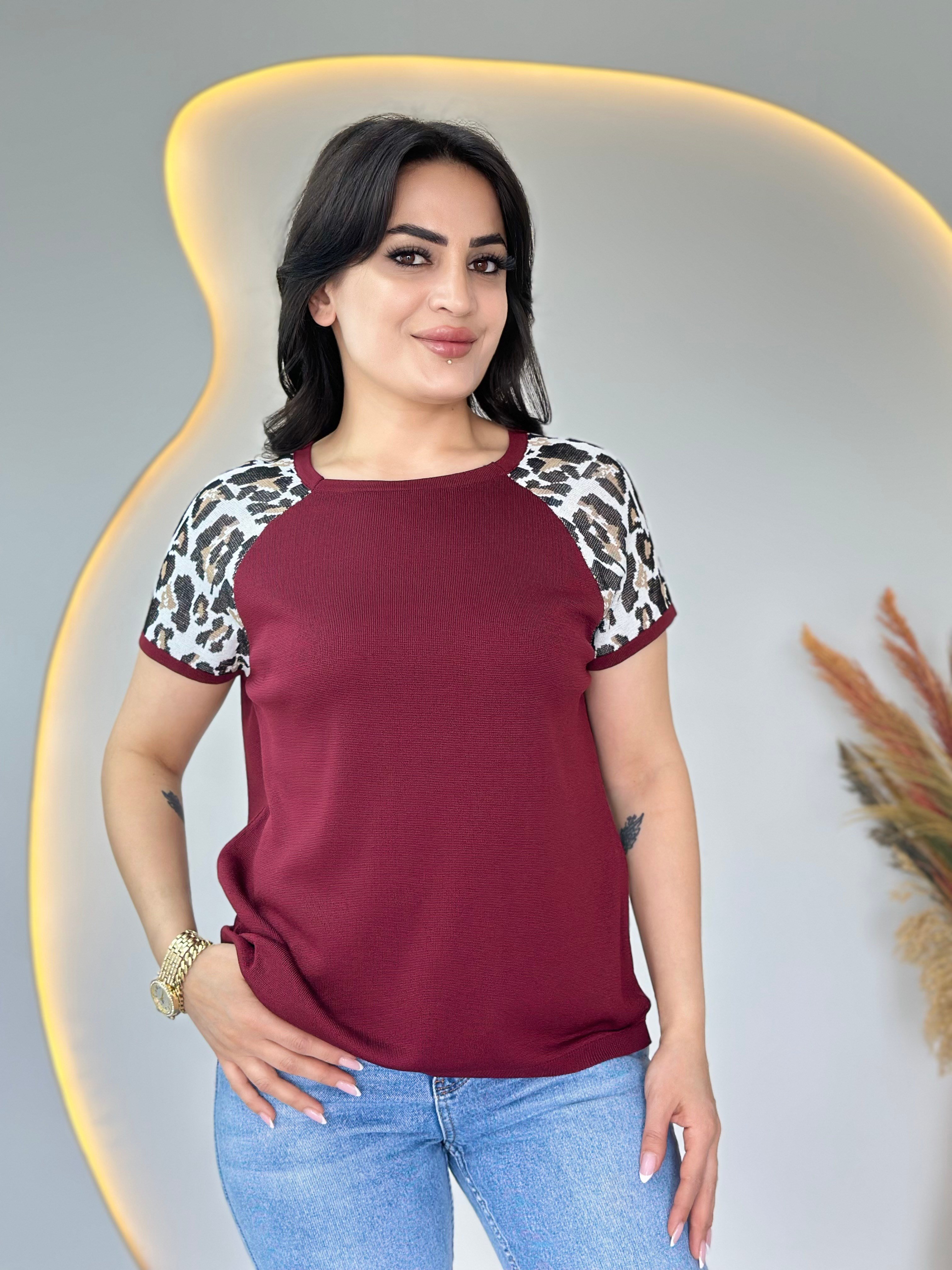 Pita Bordo Bisiklet Yaka Leopar Garnili Merserize Triko Bluz D107