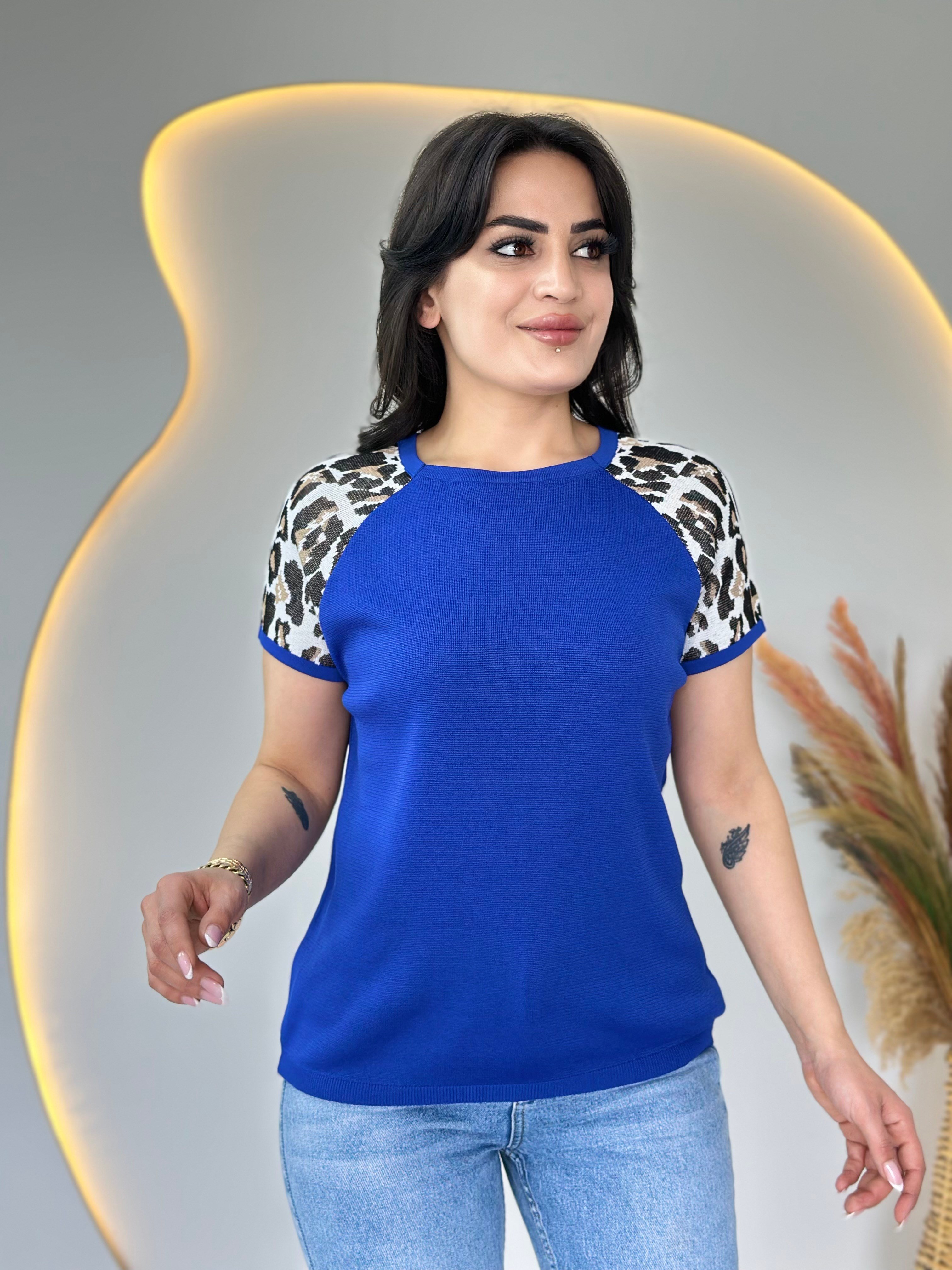 Pita Saks Mavi Bisiklet Yaka Leopar Garnili Merserize Triko Bluz D107