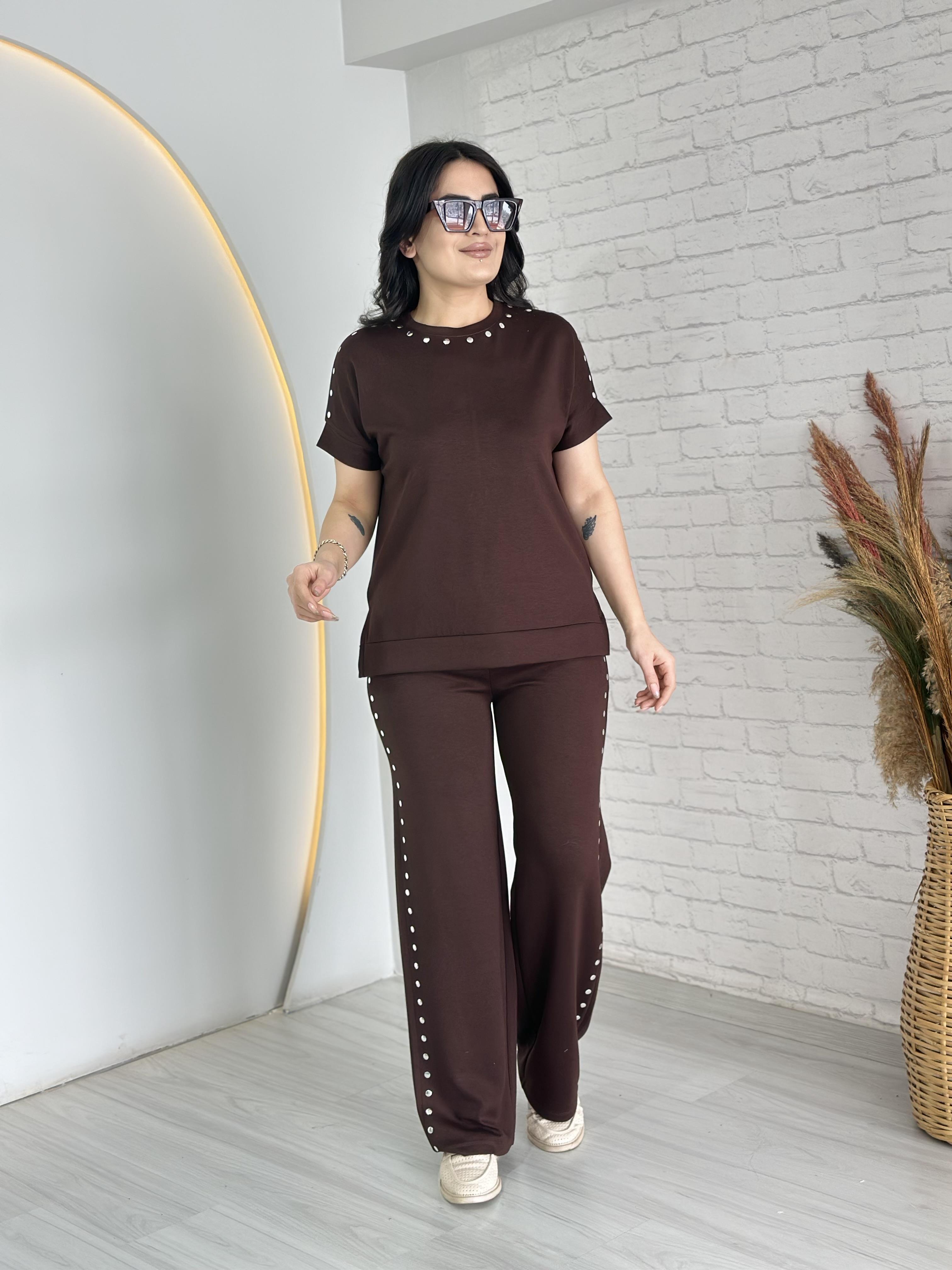 Pogi Kahve Bisiklet Yaka Çıtçıt Detay Modal Alt Üst İkili Takım D023