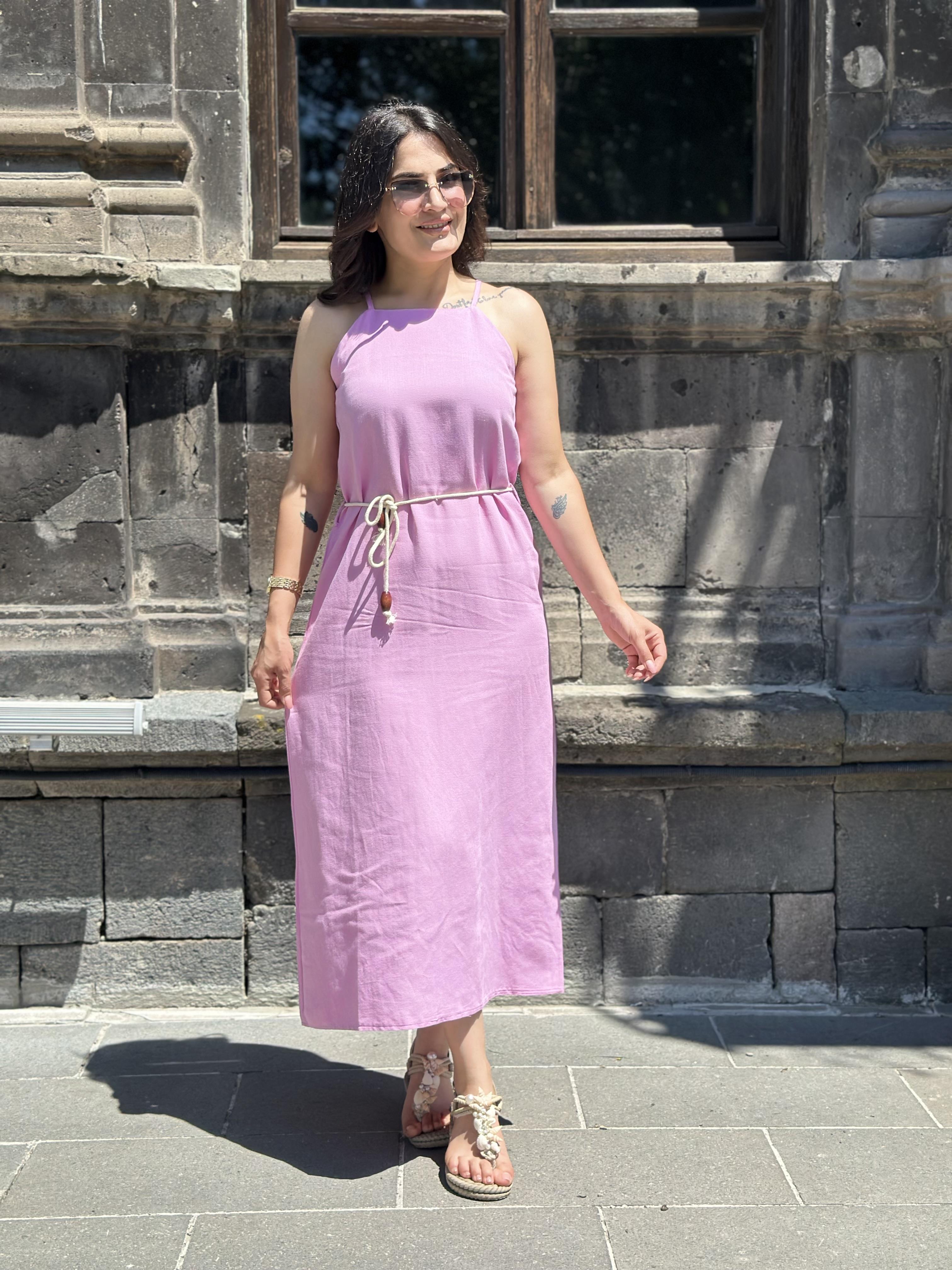 Pudra İp Askı Keten Kumaş Hasır Kemerli Elbise