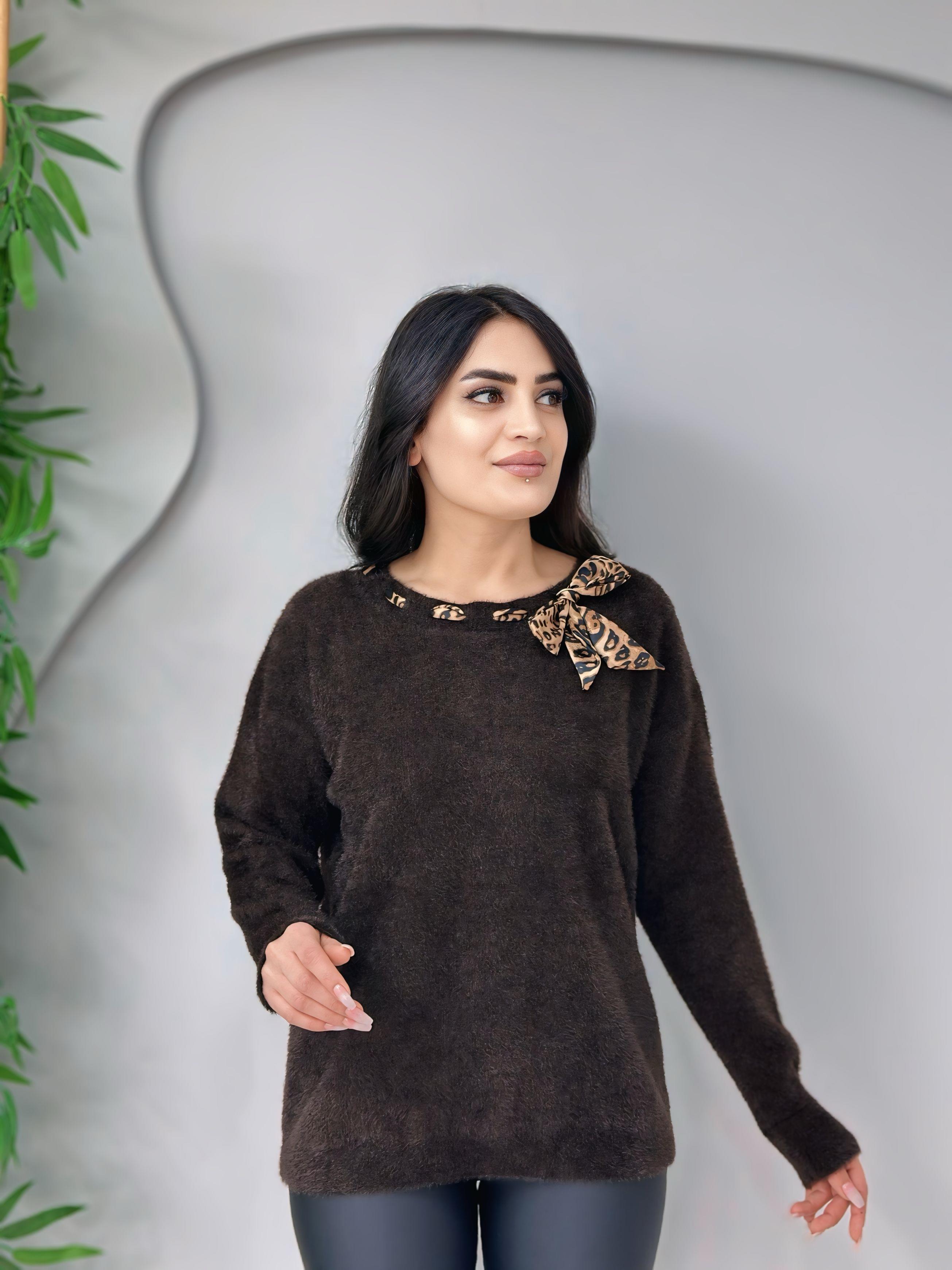 Puffy Acı Kahve Fular Detaylı Sakallı Triko Bluz A4055