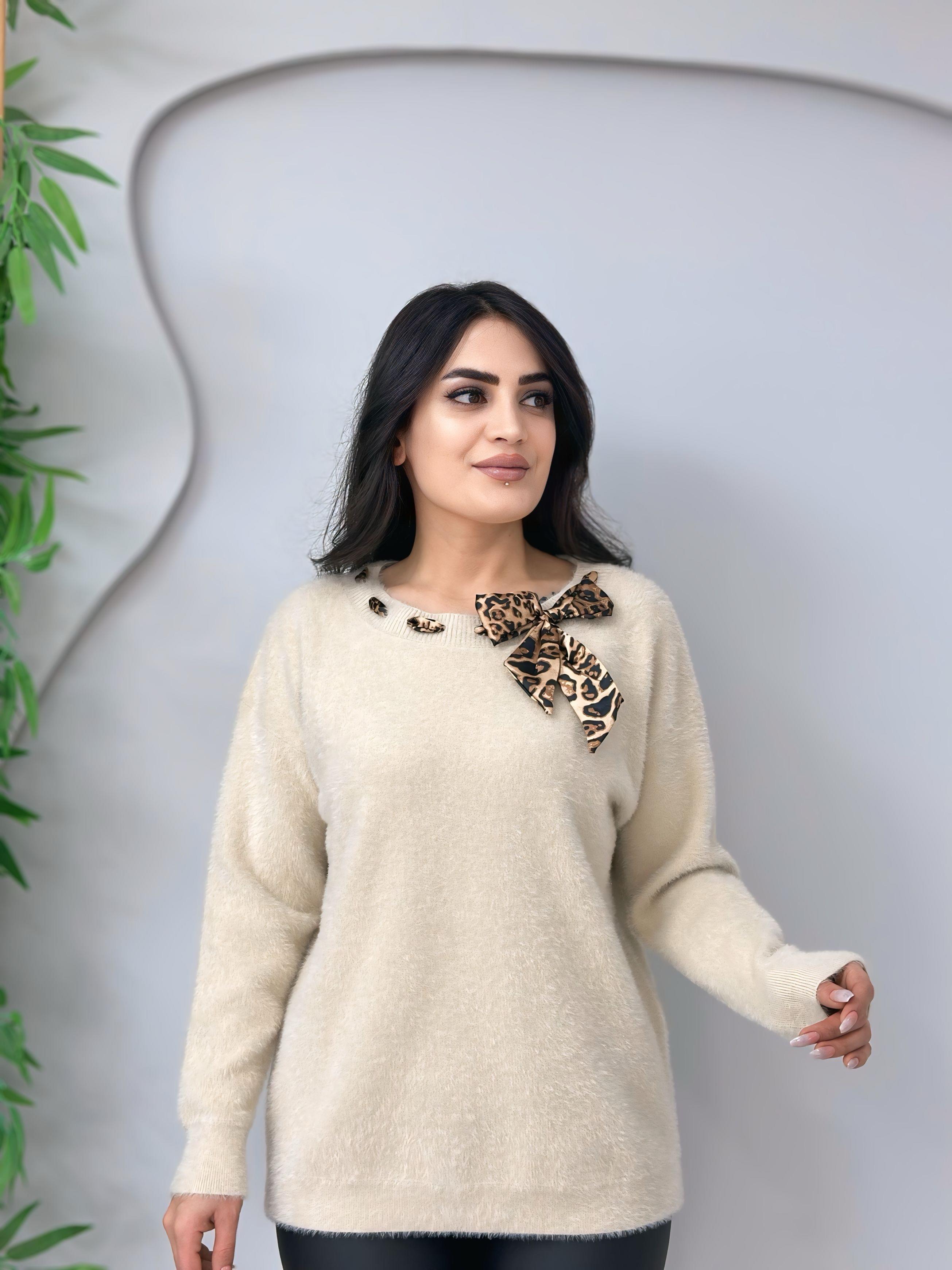 Puffy Ekru Fular Detaylı Sakallı Triko Bluz A4055