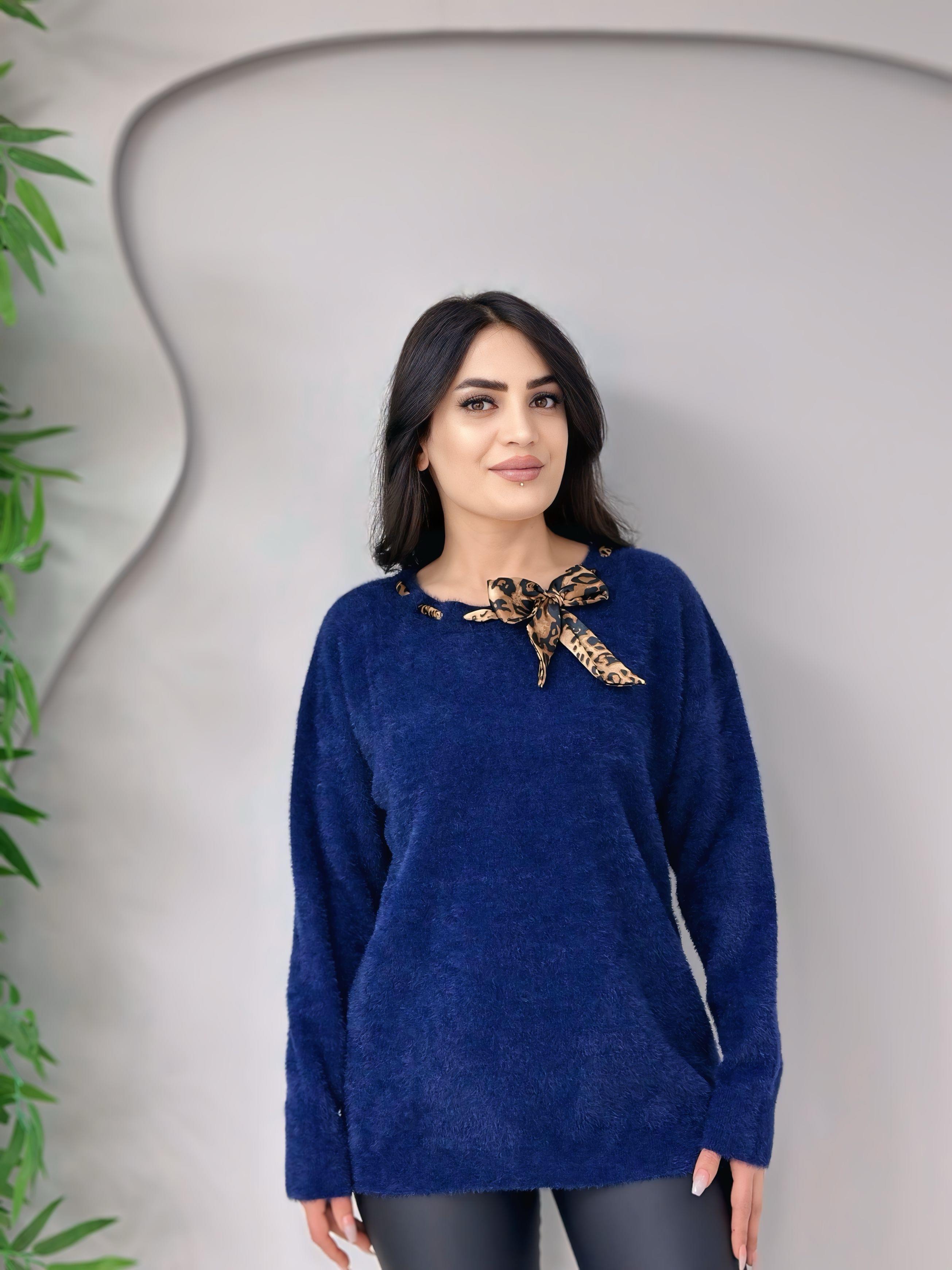 Puffy Lacivert Fular Detaylı Sakallı Triko Bluz A4055