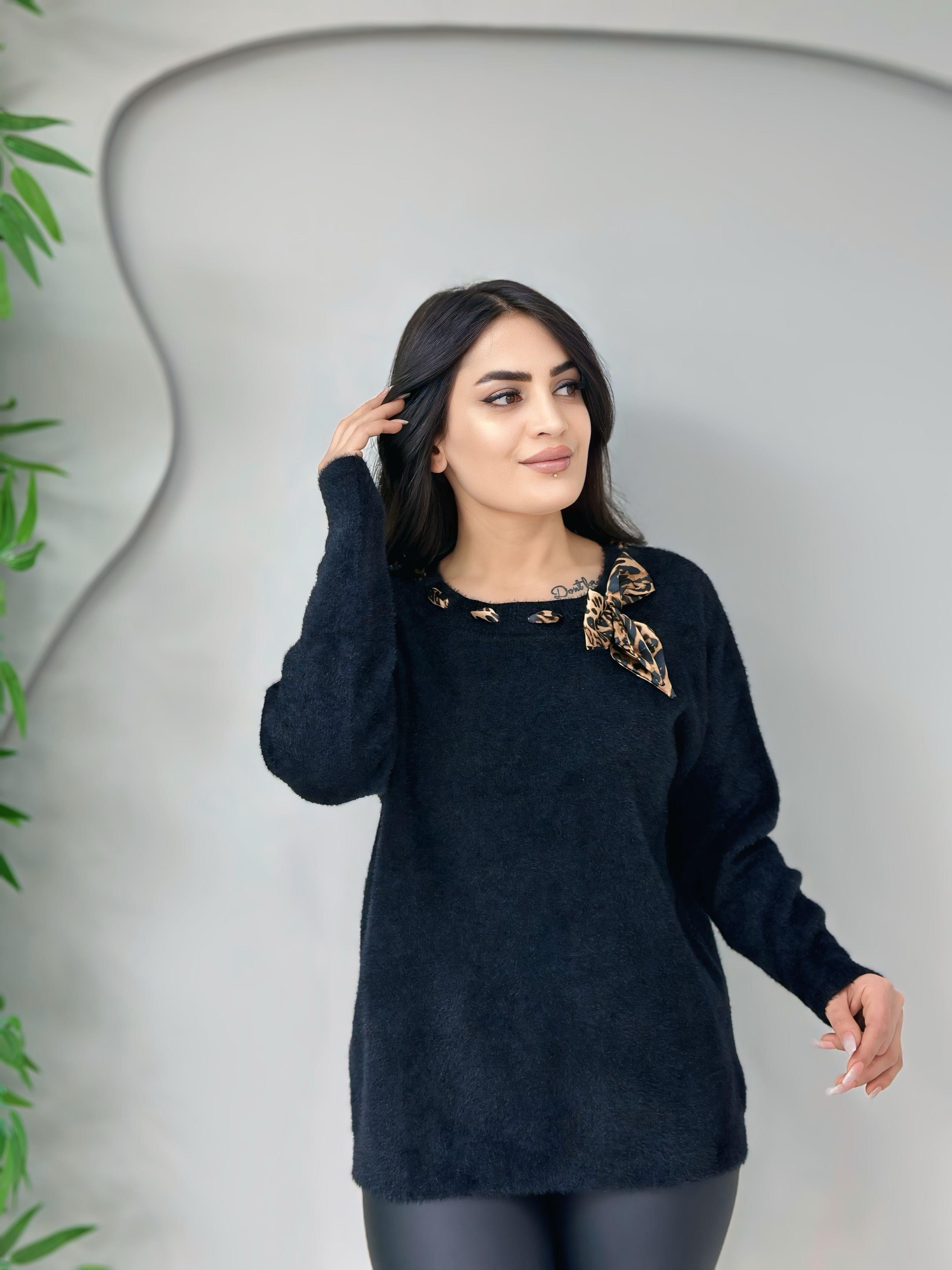 Puffy Siyah Fular Detaylı Sakallı Triko Bluz A4055