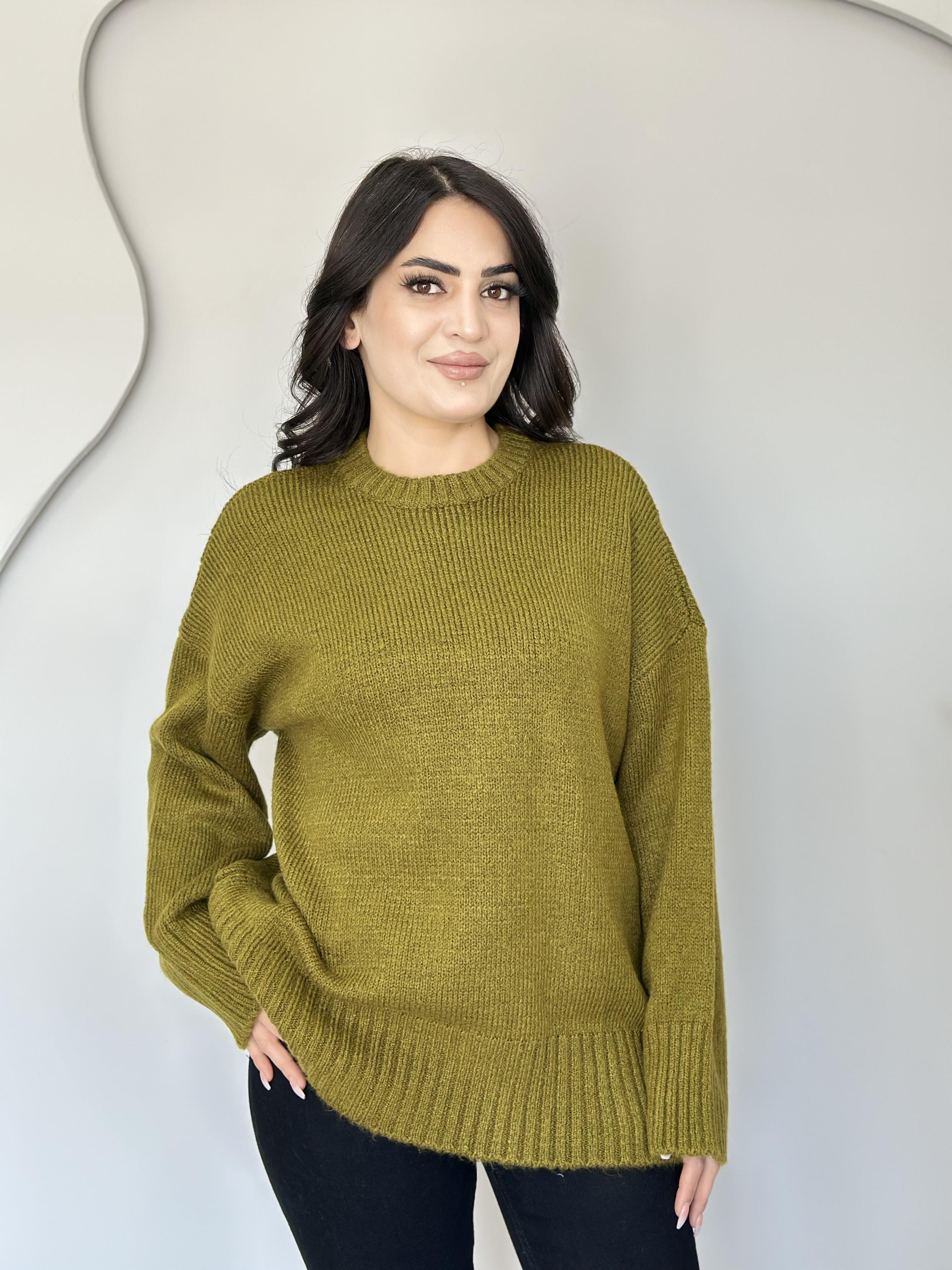 Ravya Yağ Yeşili Bisiklet Yaka BasicTriko Kazak E7474