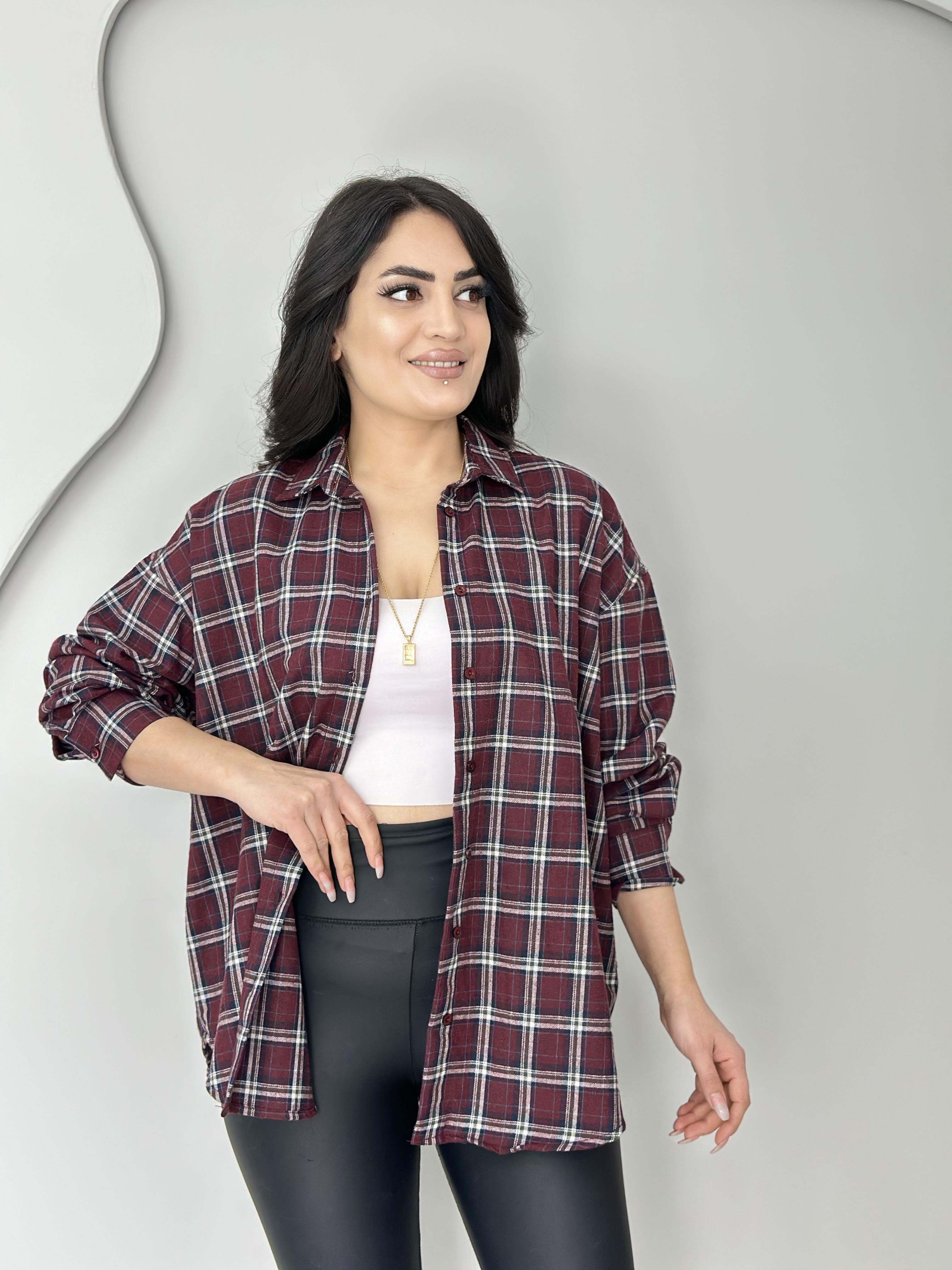 Rina Bordo Ekose Desenli Düğmeli Oversize Gömlek C0000