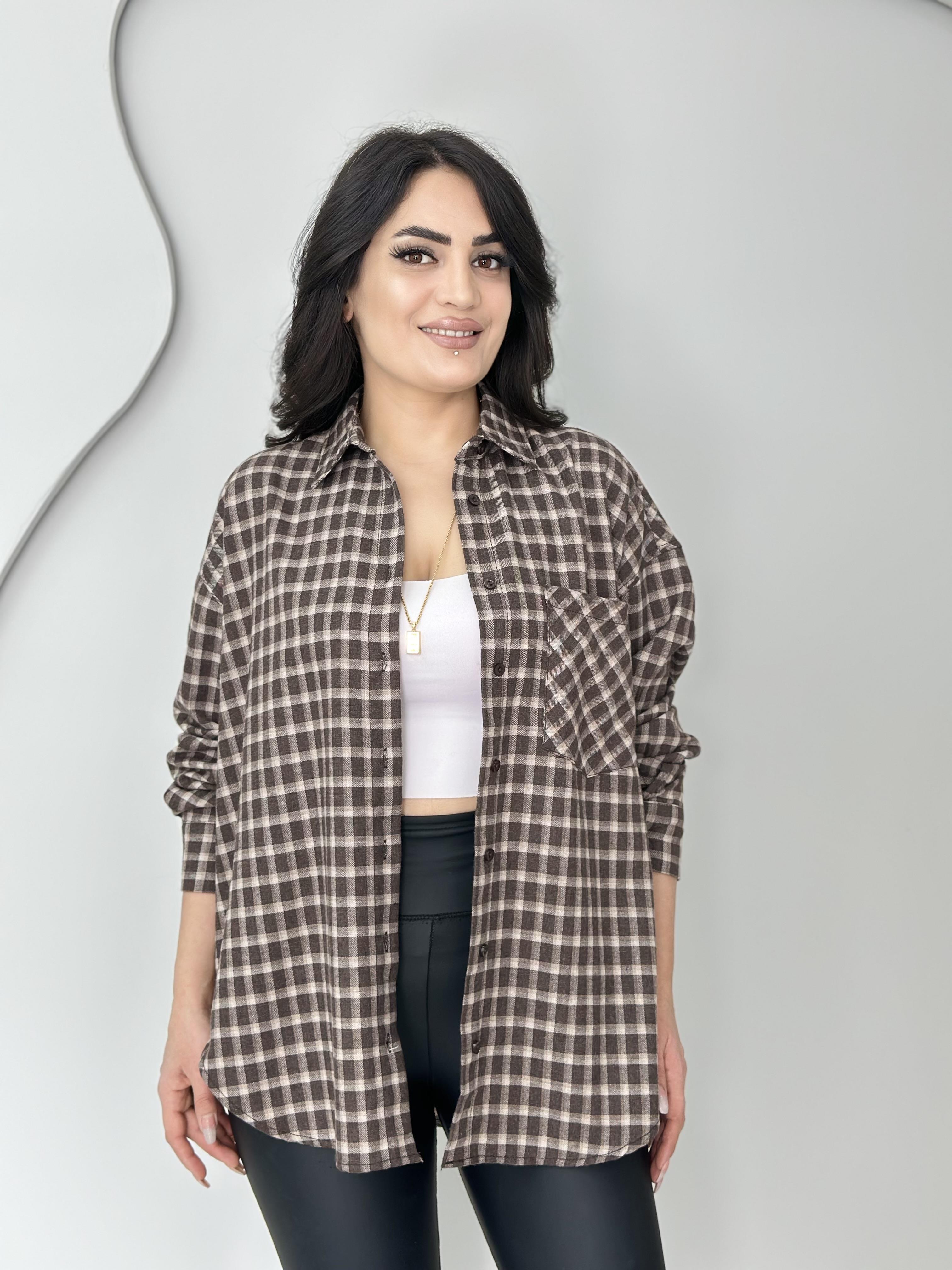 Rina Kahve Ekose Desenli Düğmeli Oversize Gömlek C0000