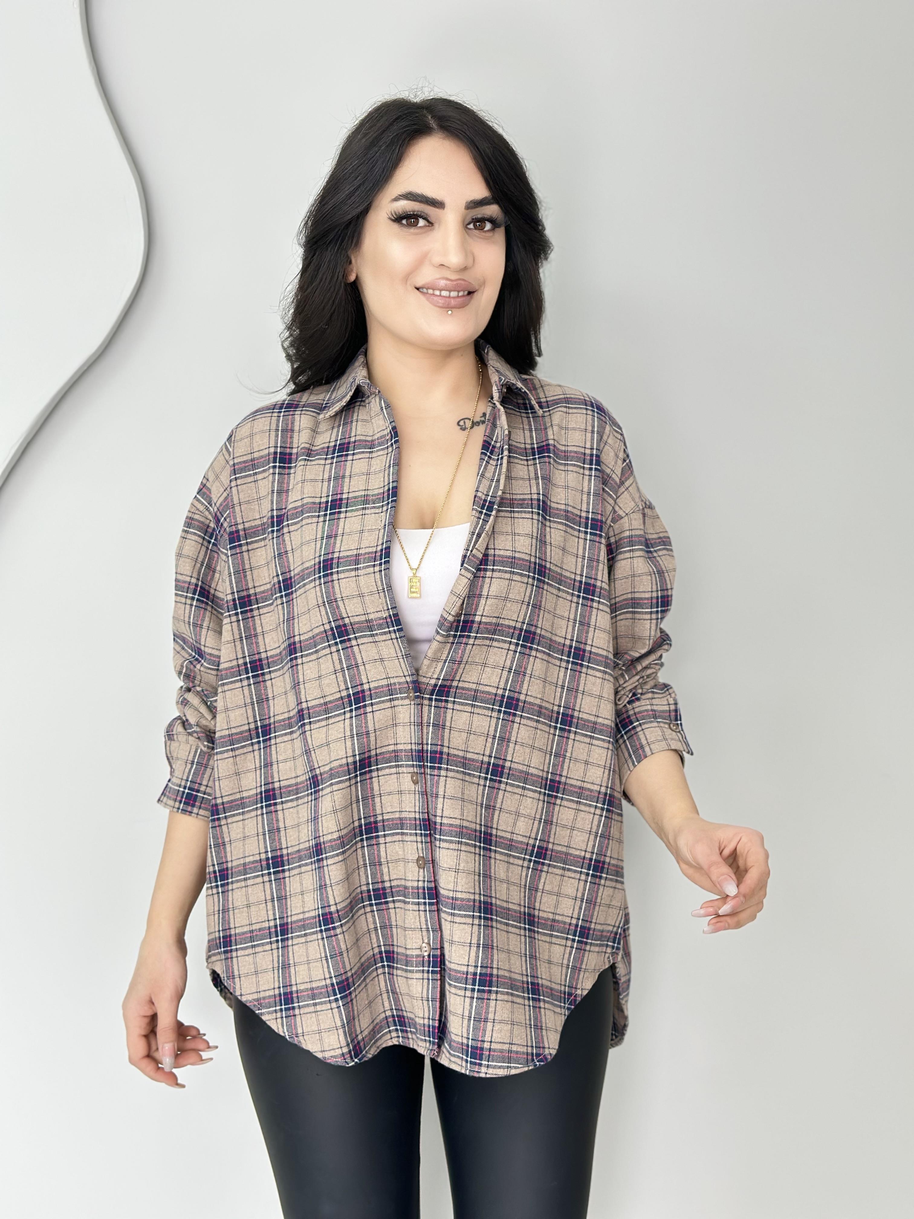 Rina Kahve Mavi Ekose Desenli Düğmeli Oversize Gömlek C0000