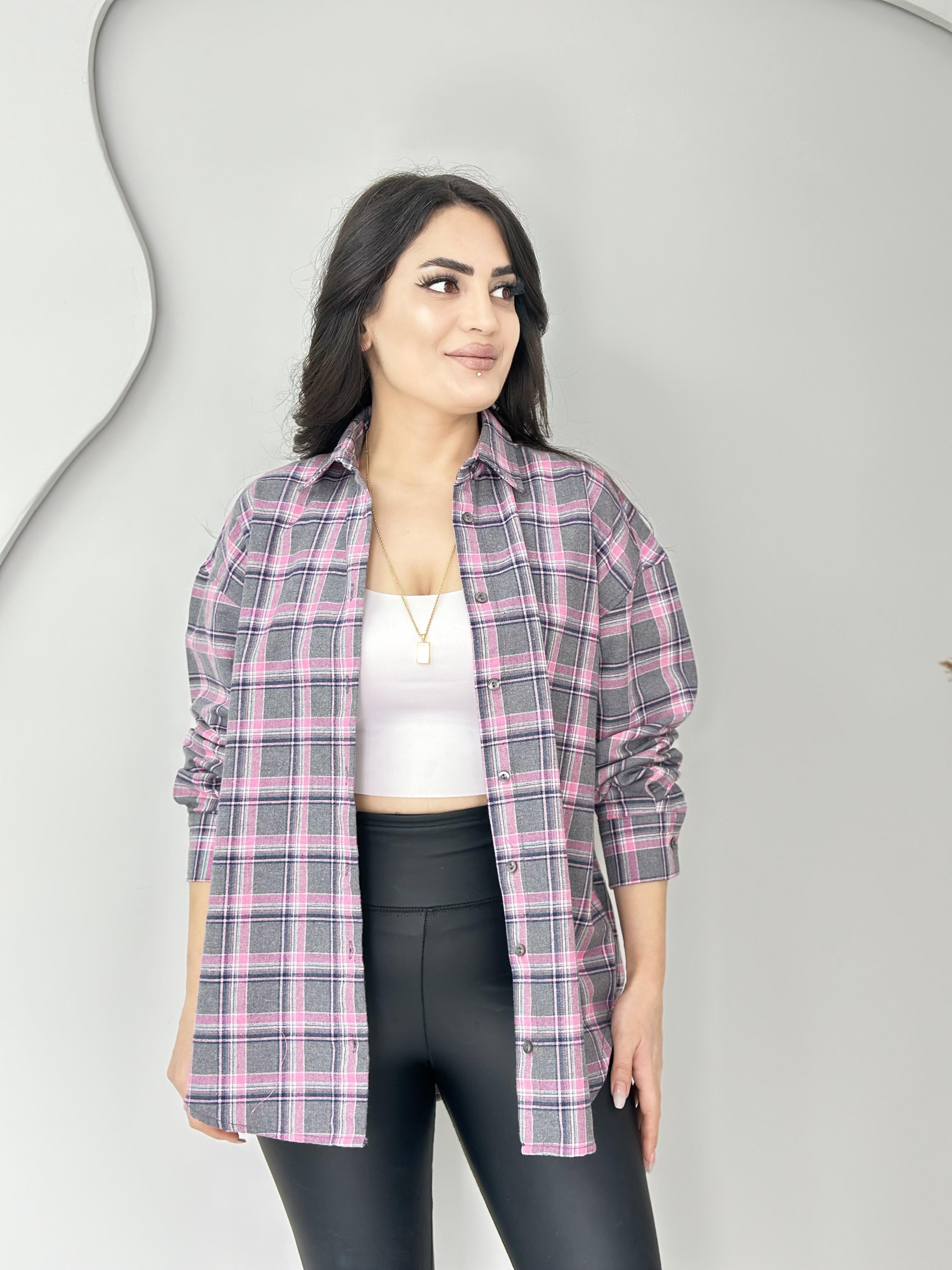 Rina Taş Pembe Ekose Desenli Düğmeli Oversize Gömlek C0000