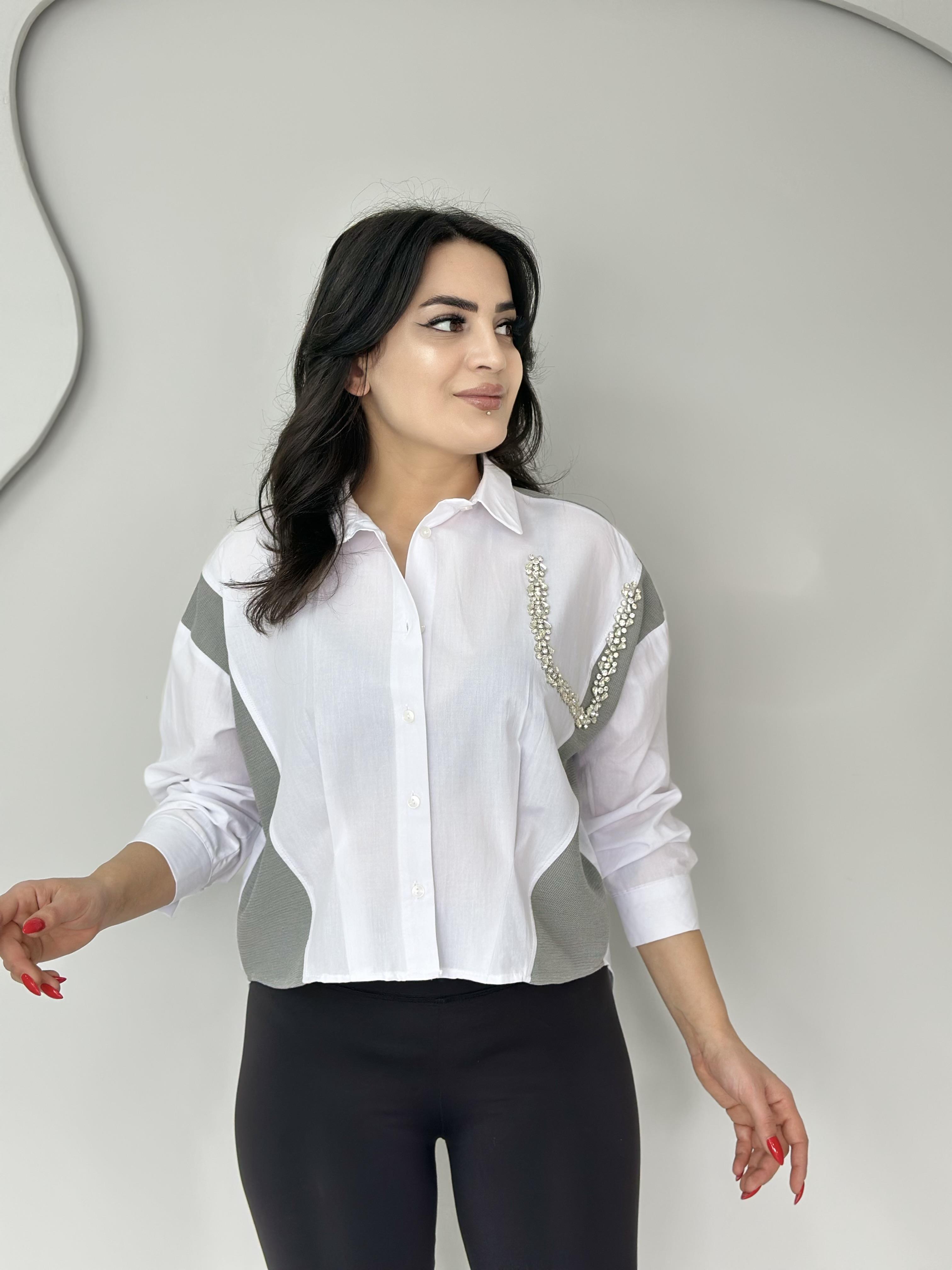 Riva Beyaz Triko Poplin Taş Detaylı Gömlek 9909