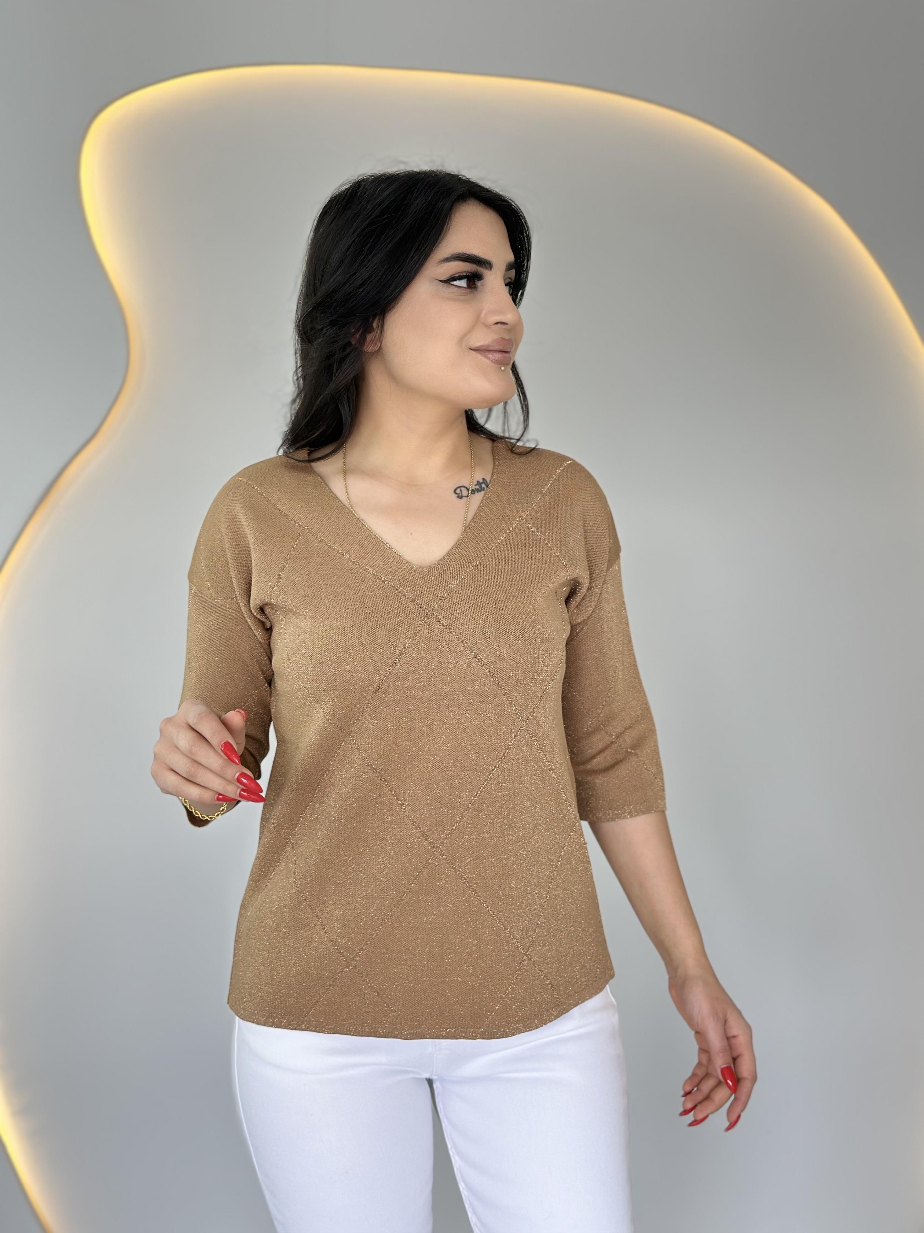 Riva Camel V Yaka Baklava Desen Triko Bluz D001