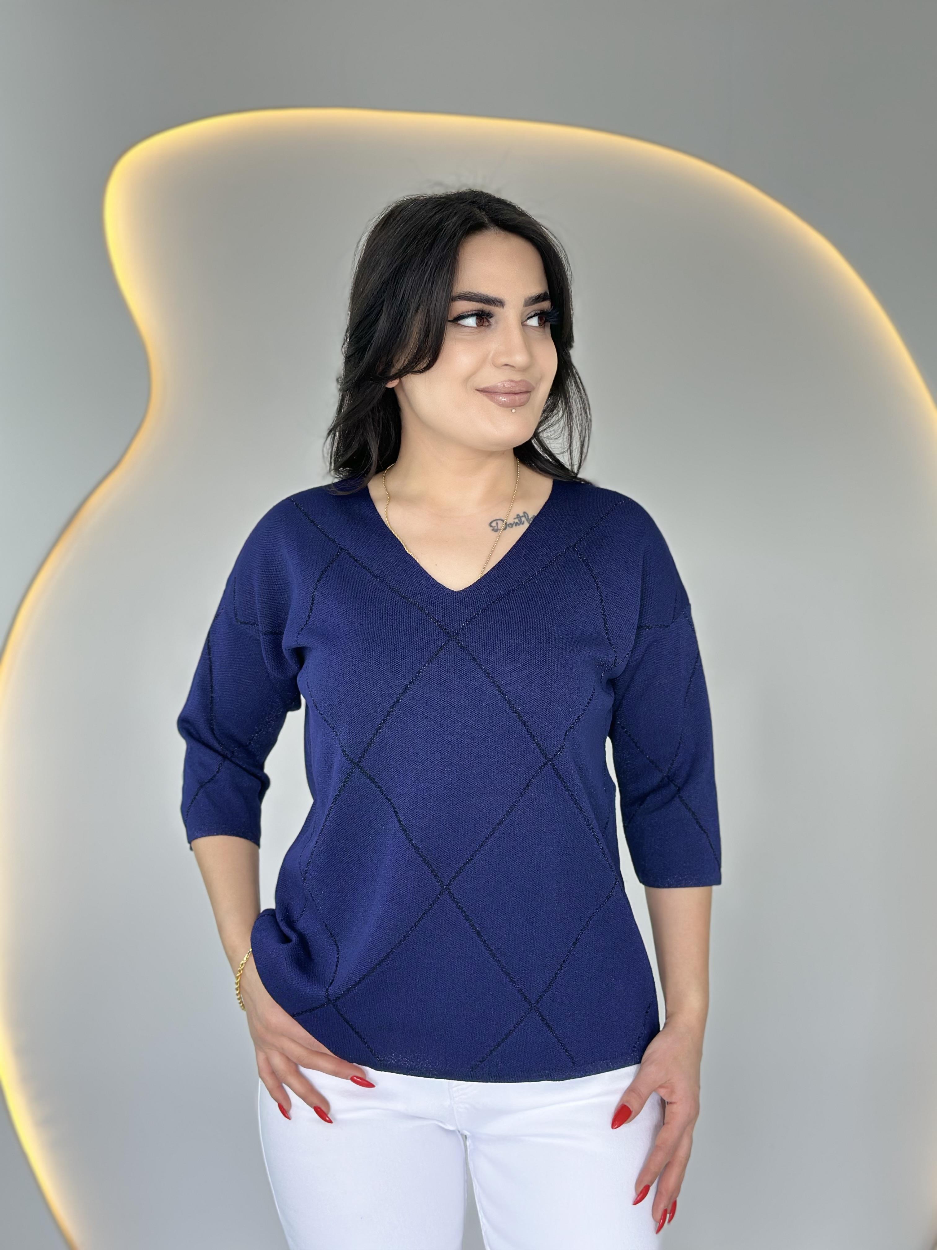 Riva Lacivert V Yaka Baklava Desen Triko Bluz D001