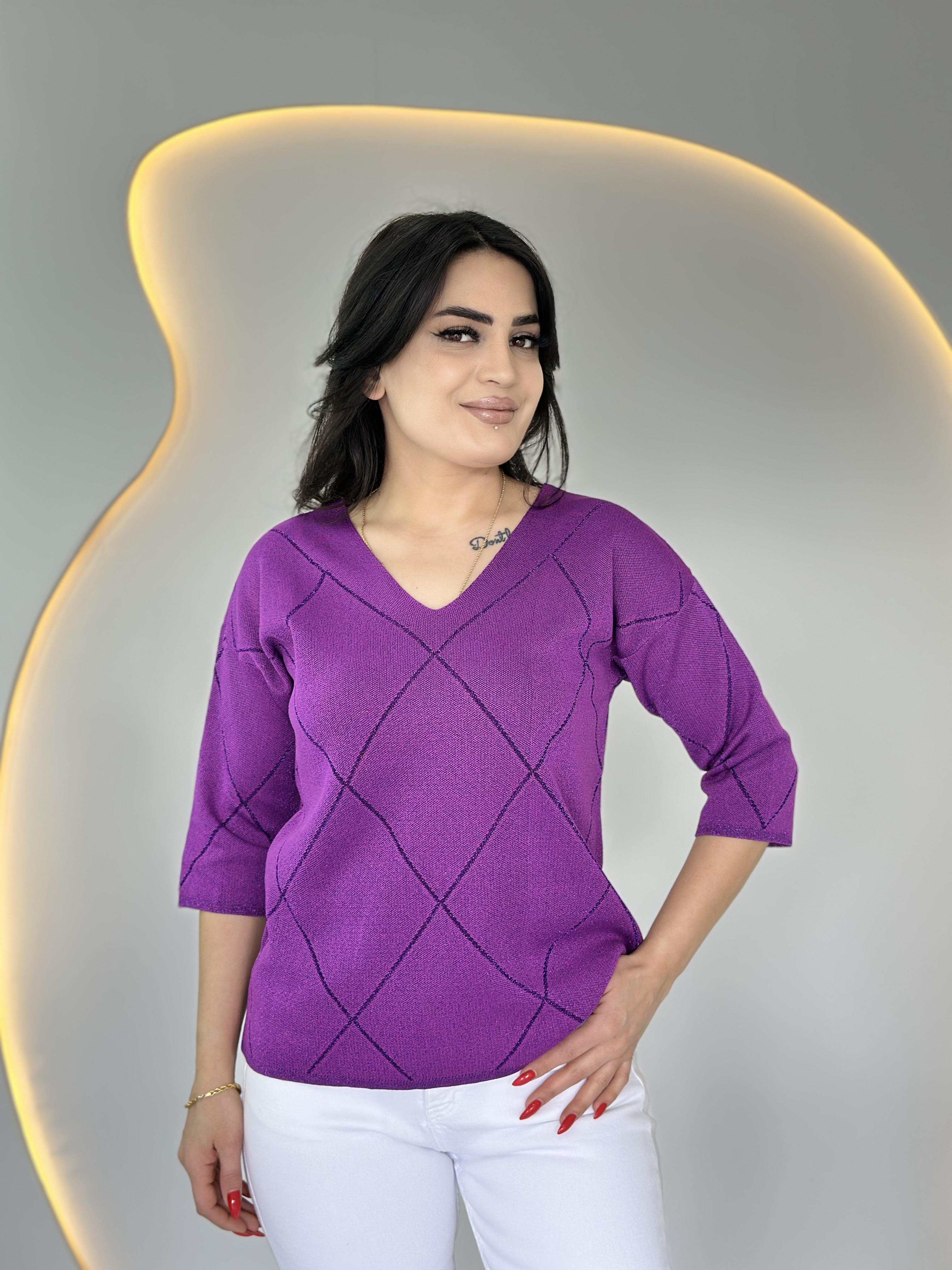 Riva Mor V Yaka Baklava Desen Triko Bluz D001