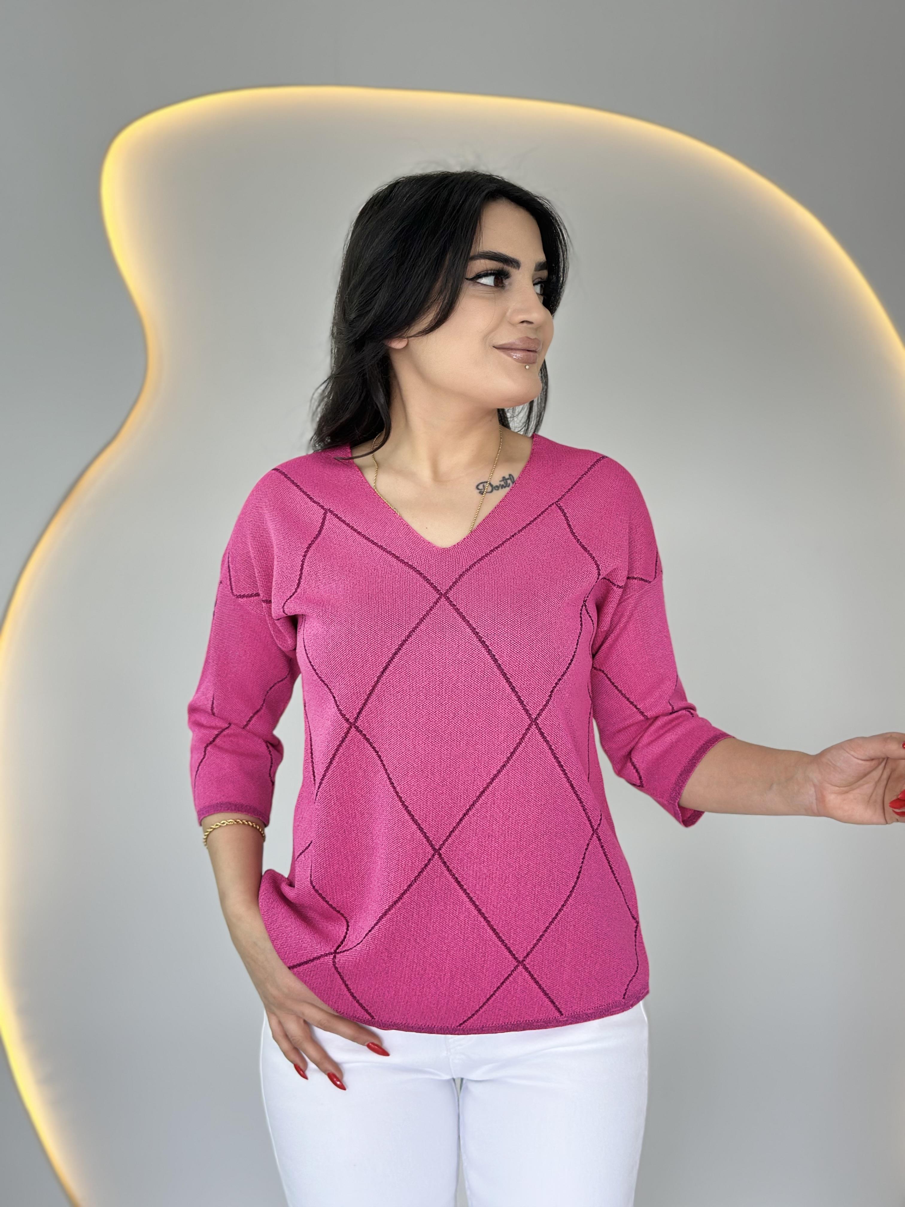 Riva Pembe V Yaka Baklava Desen Triko Bluz D001