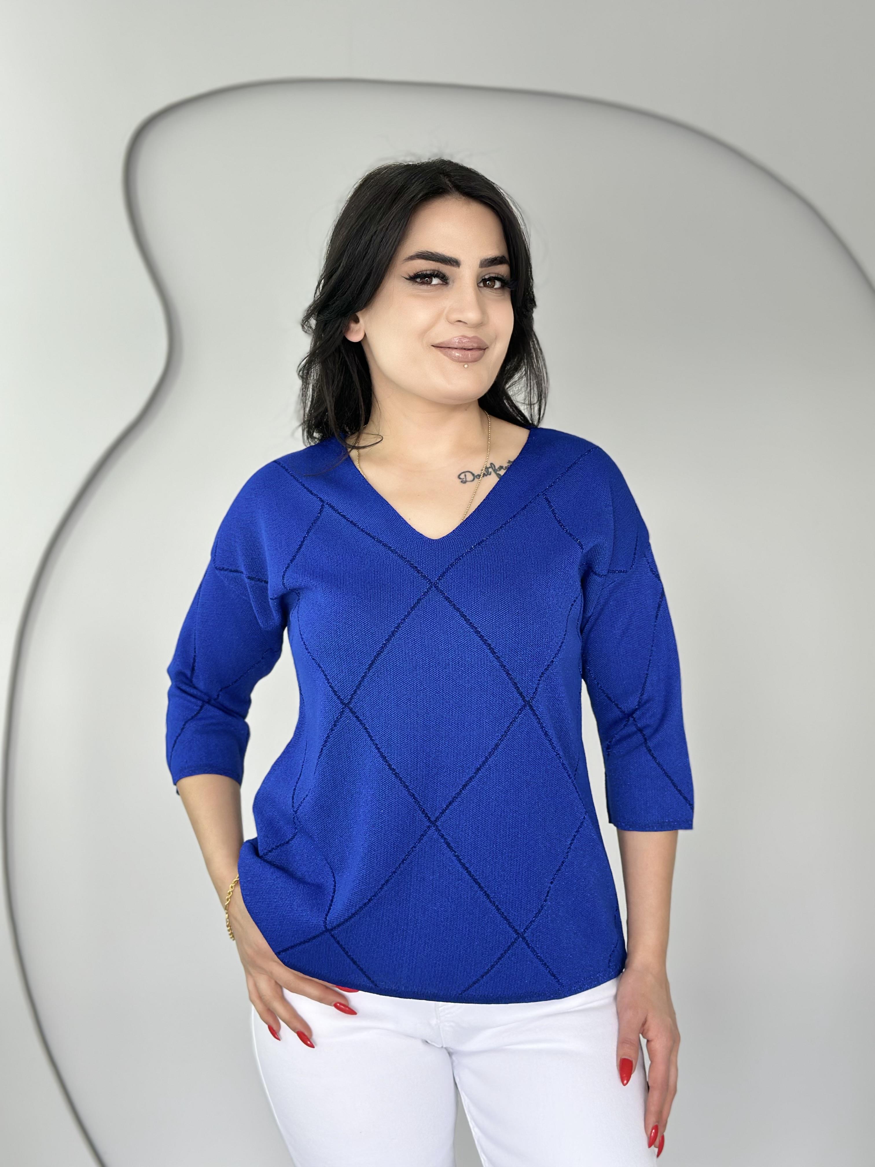 Riva Saks Mavi V Yaka Baklava Desen Triko Bluz D001