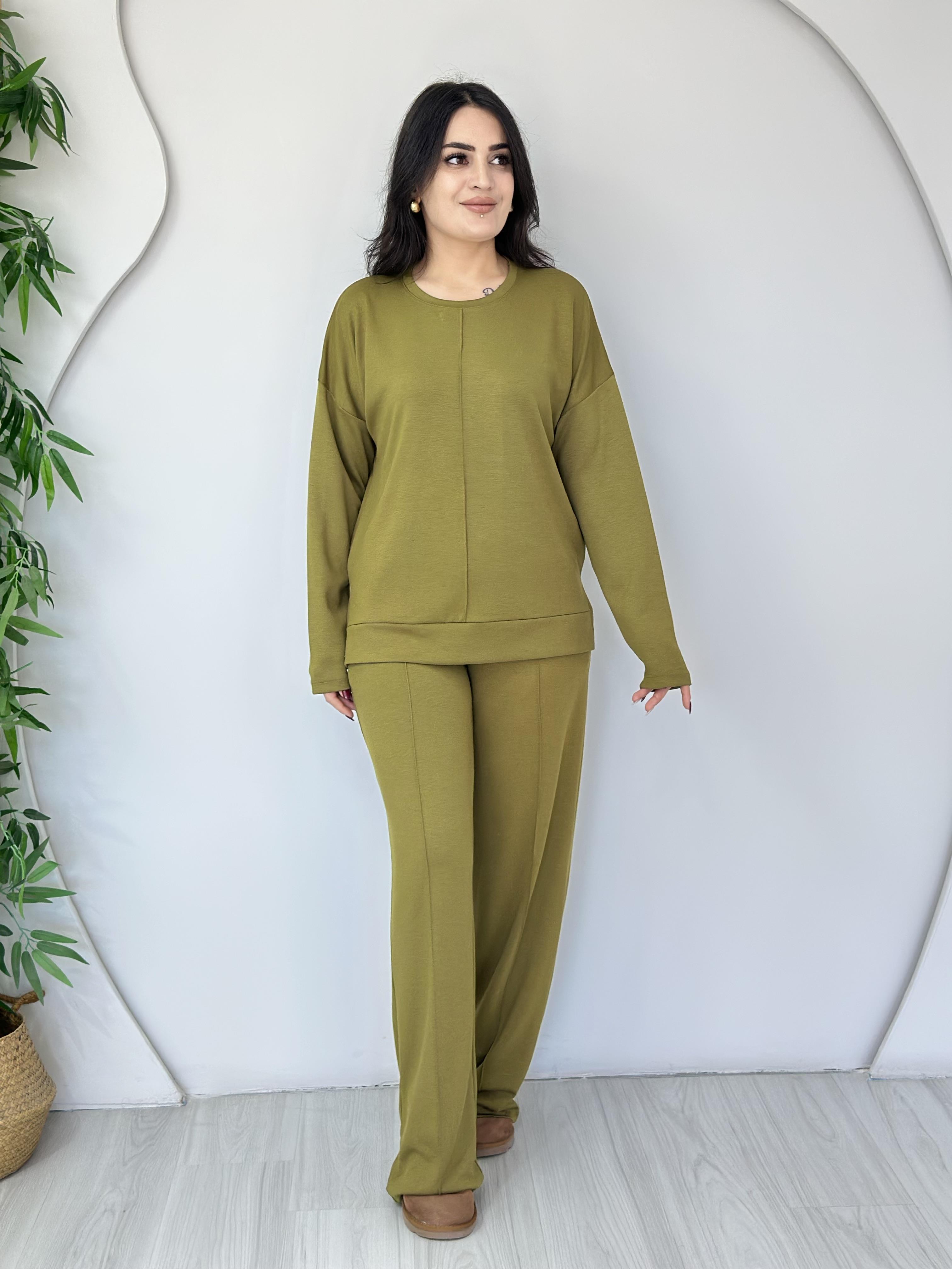 Rolo Yağ Yeşili Orta Çizgi Modal Kumaş Alt Üst İkili Takım A691