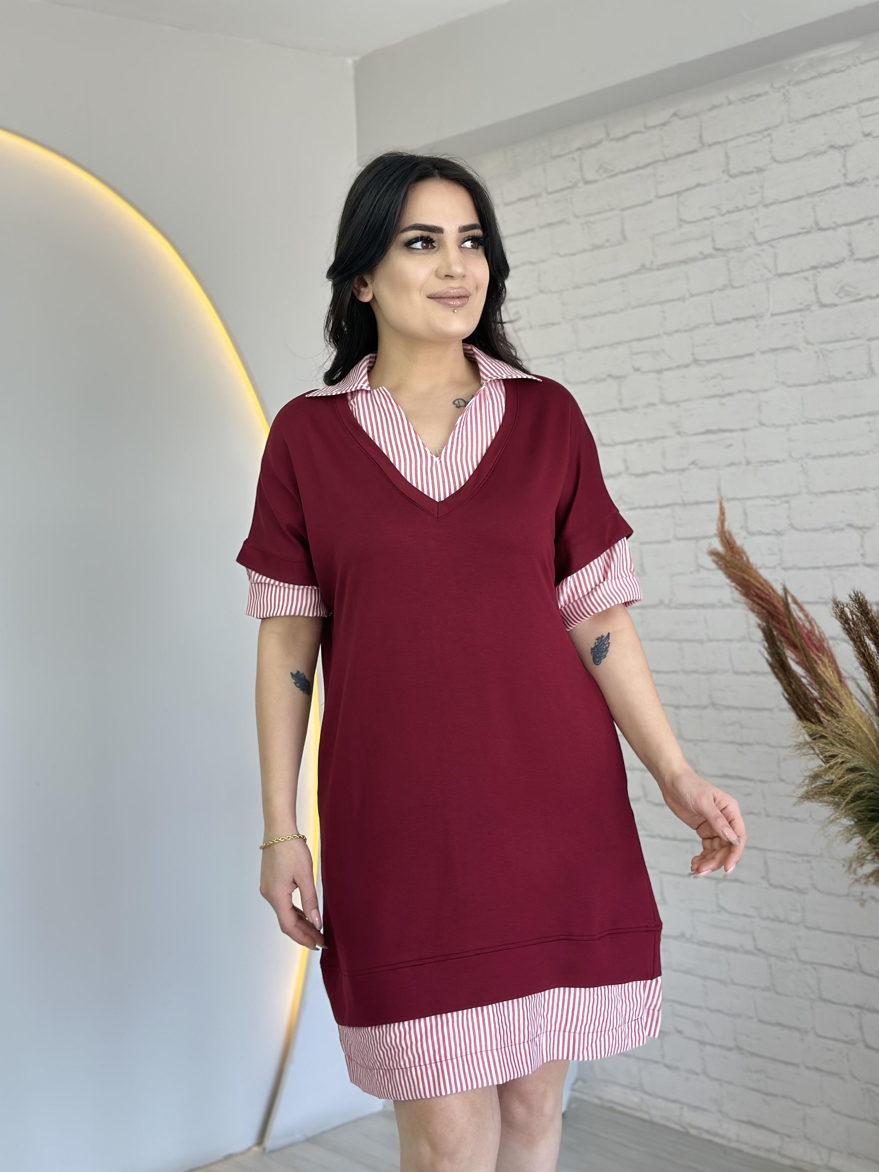 Rosine Bordo Çizgili Gömlek Yaka Cepli Elbise D043