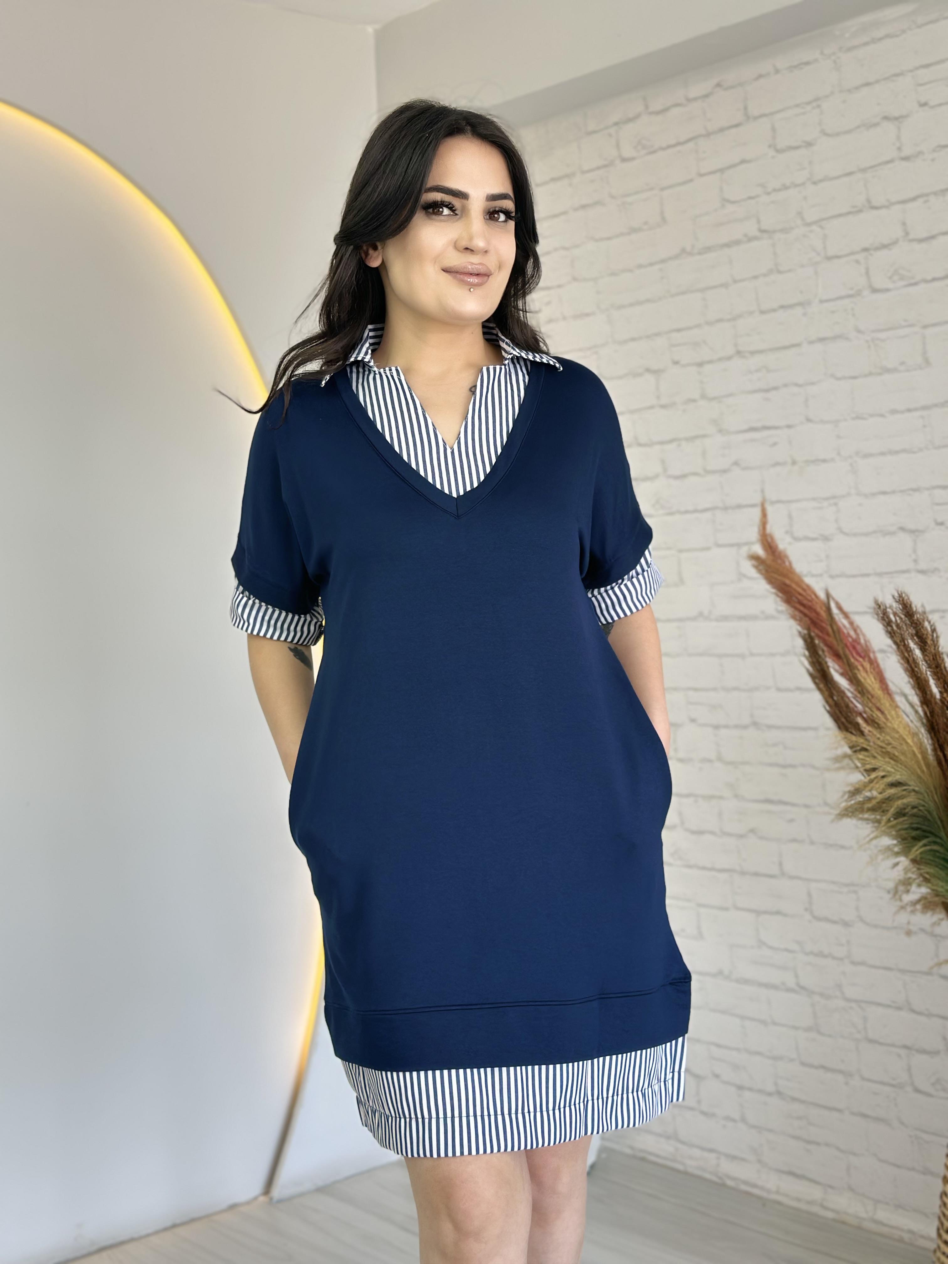 Rosine Lacivert Çizgili Gömlek Yaka Cepli Elbise D043