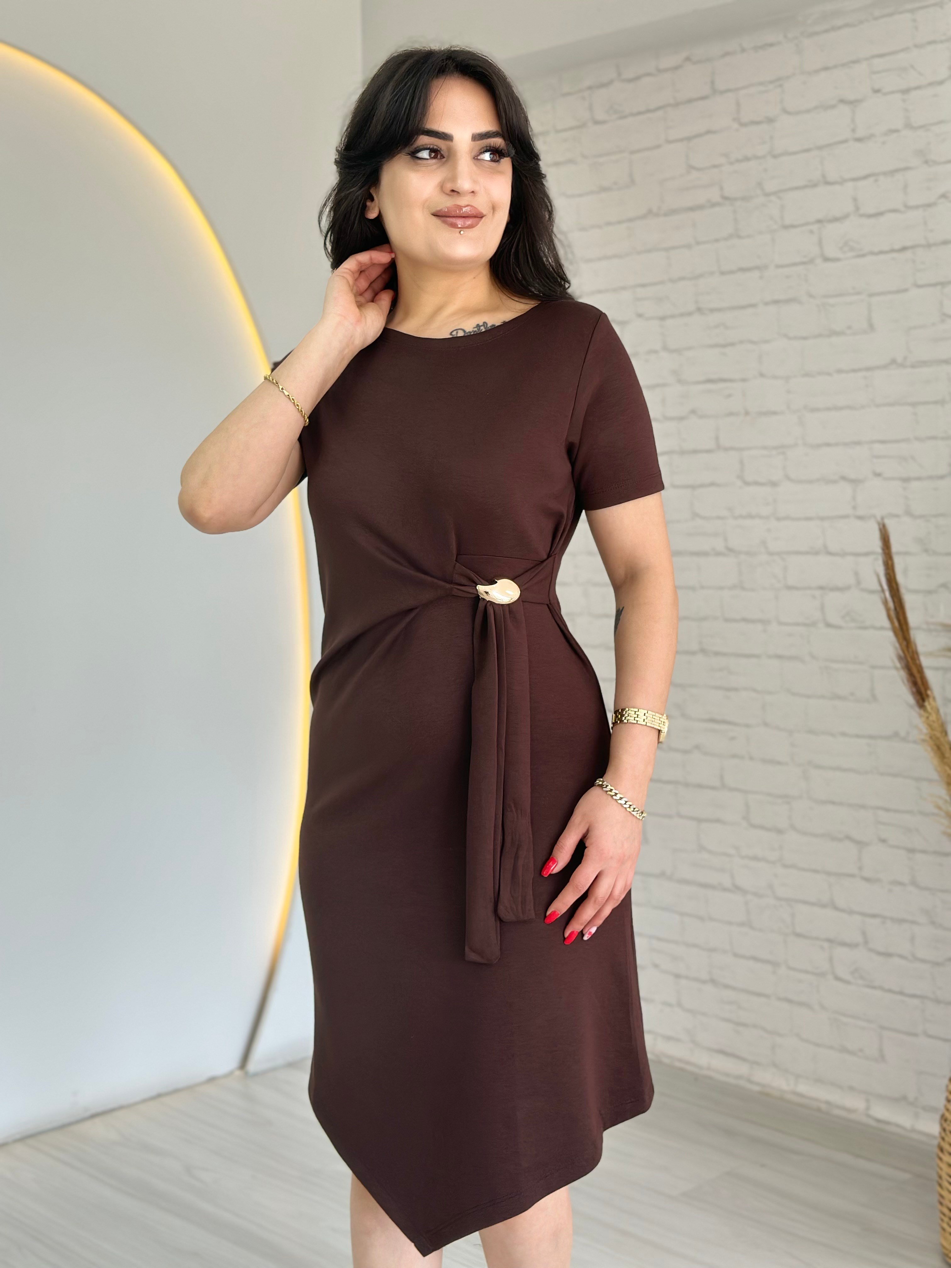 Rovia Acı Kahve Bisiklet Yaka Yandan Bağlamalı Asimetrik Tokalı Modal Elbise D086