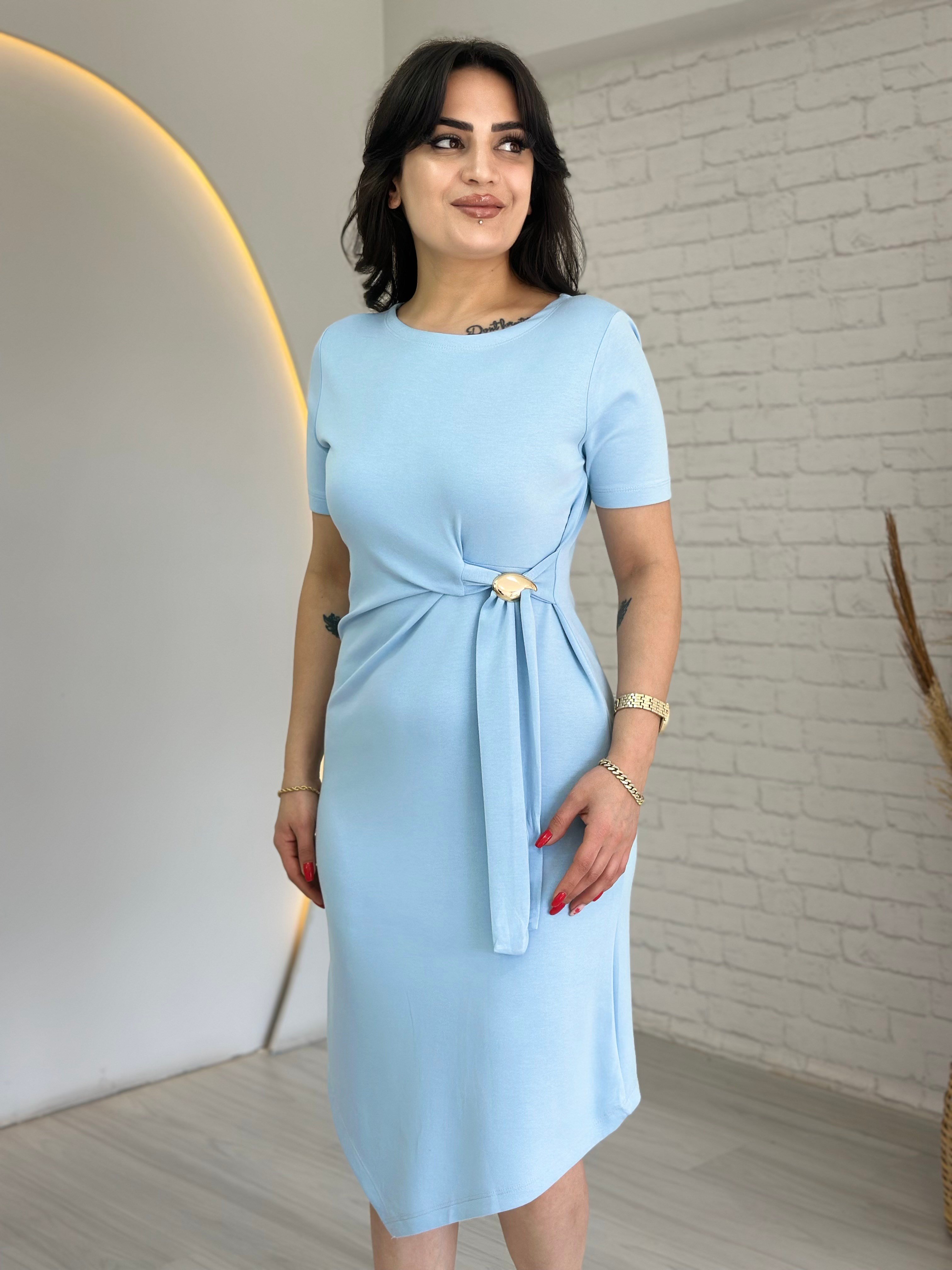 Rovia Mavi Bisiklet Yaka Yandan Bağlamalı Asimetrik Tokalı Modal Elbise D086