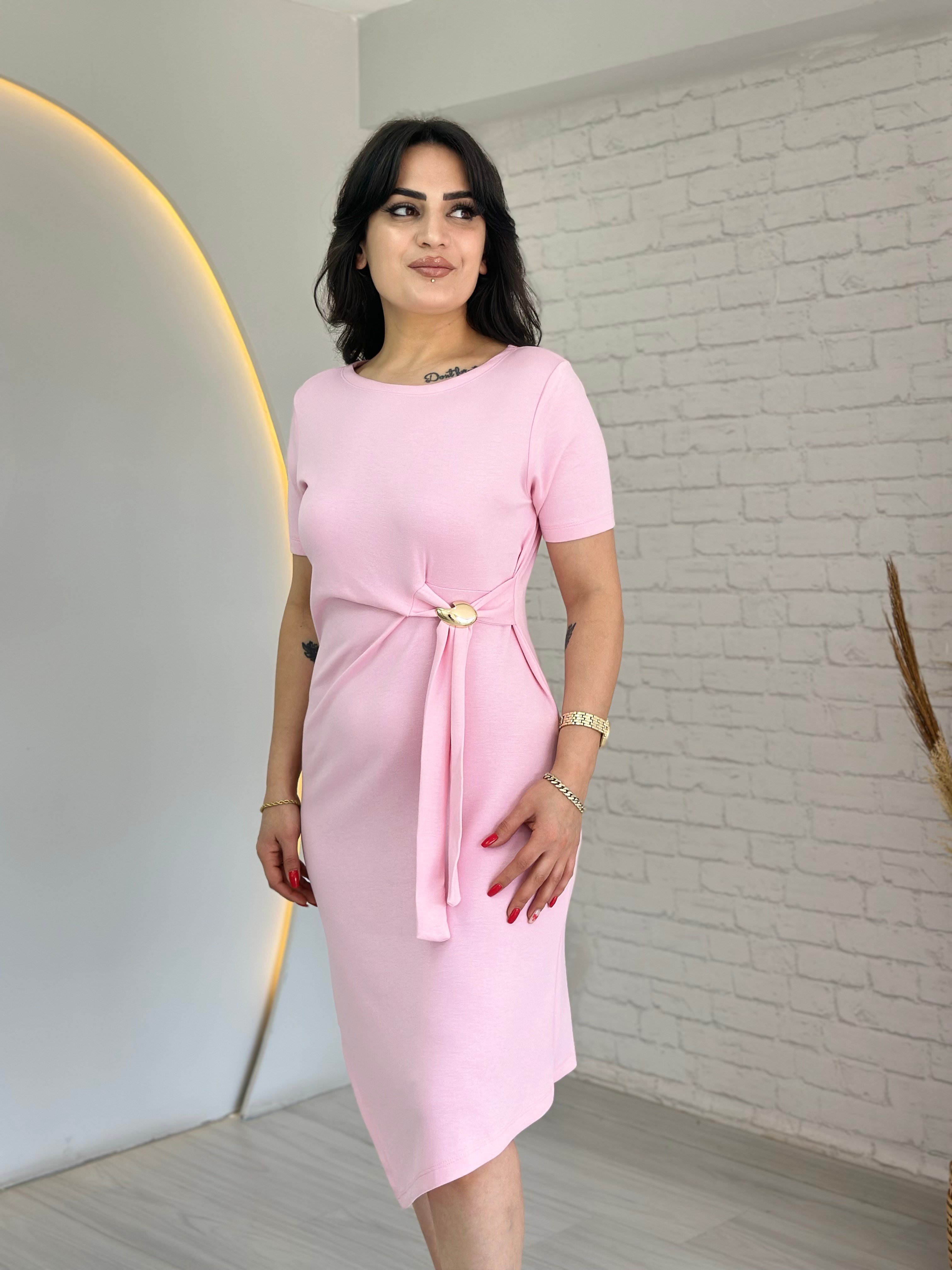 Rovia Pembe Bisiklet Yaka Yandan Bağlamalı Asimetrik Tokalı Modal Elbise D086