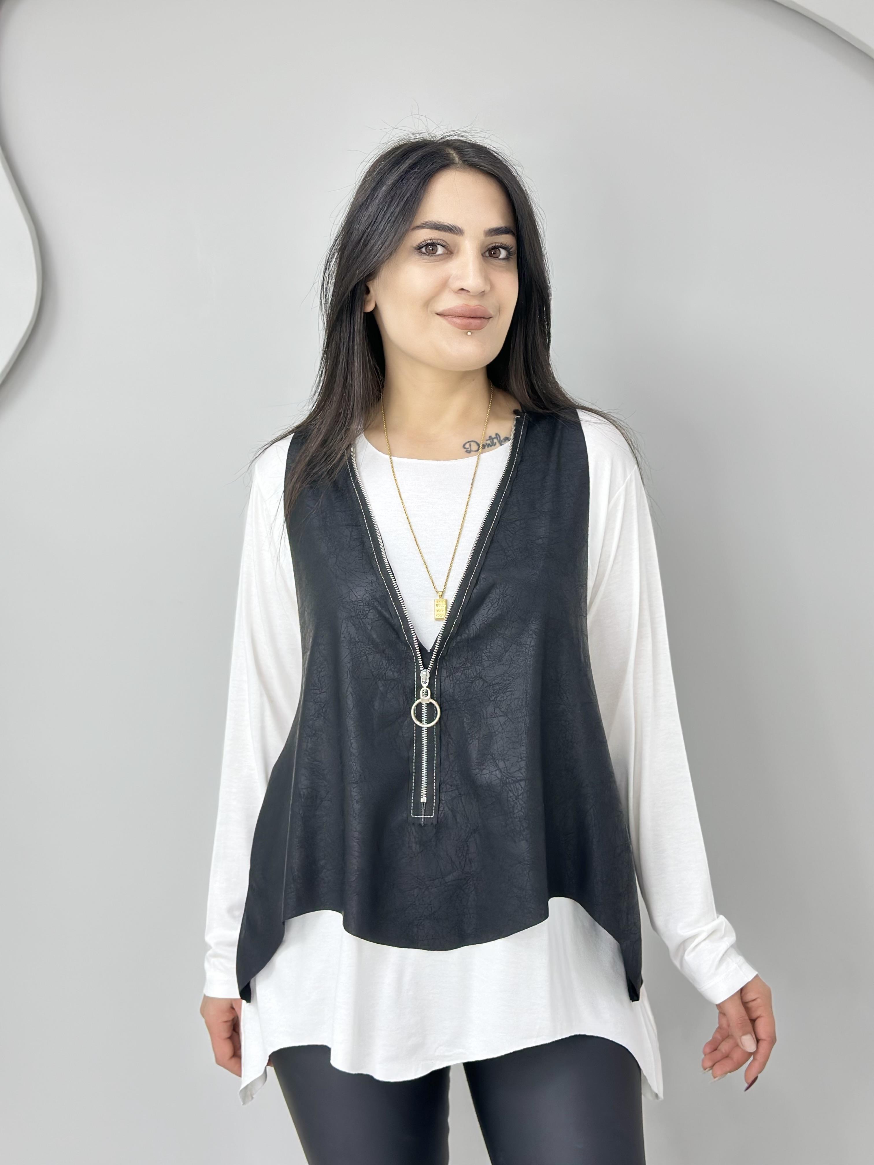 Rox Beyaz Fermuarlı Viskon Yelekli İkili Takım Bluz A936