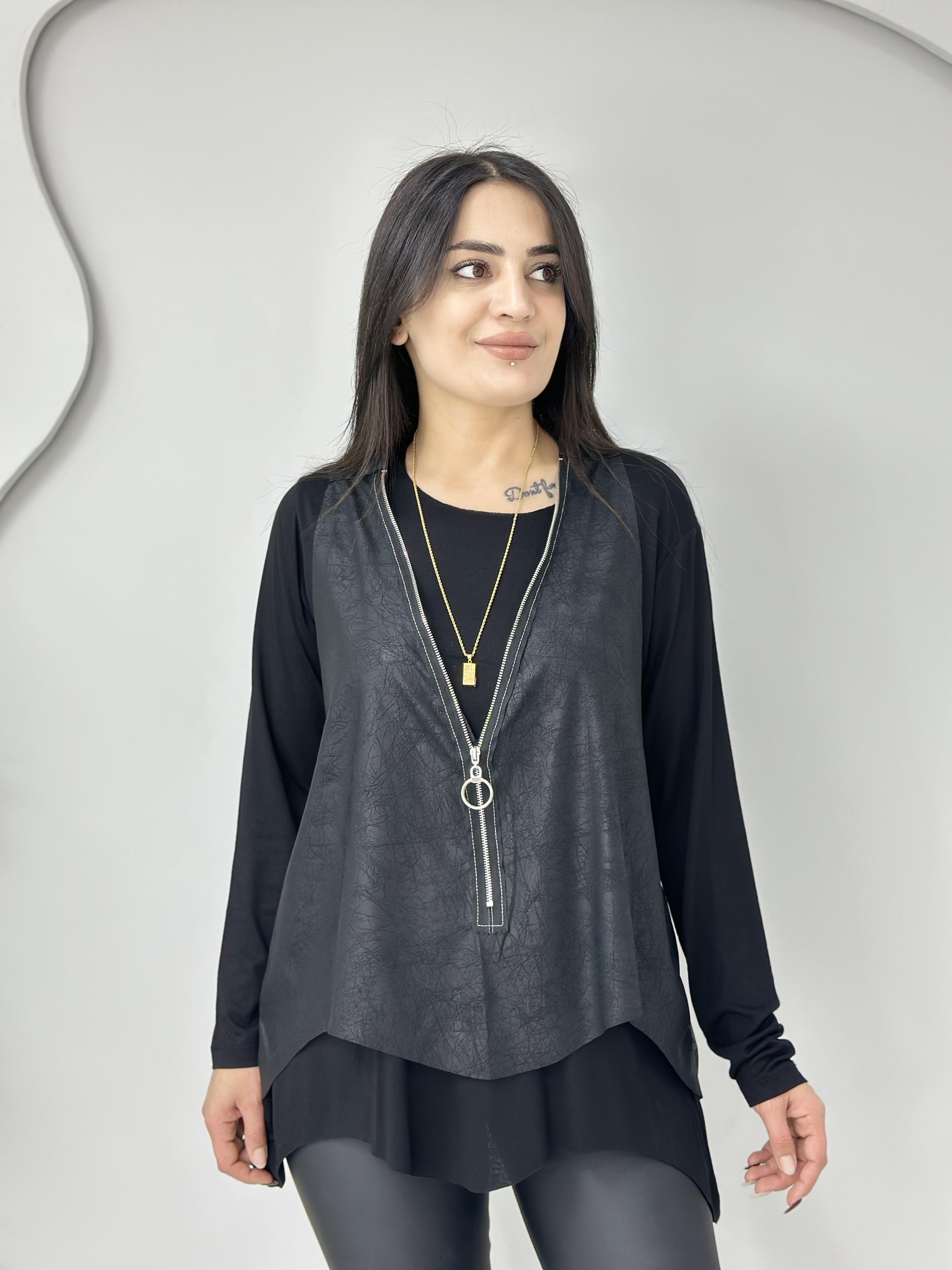 Rox Siyah Fermuarlı Viskon Yelekli İkili Takım Bluz A938