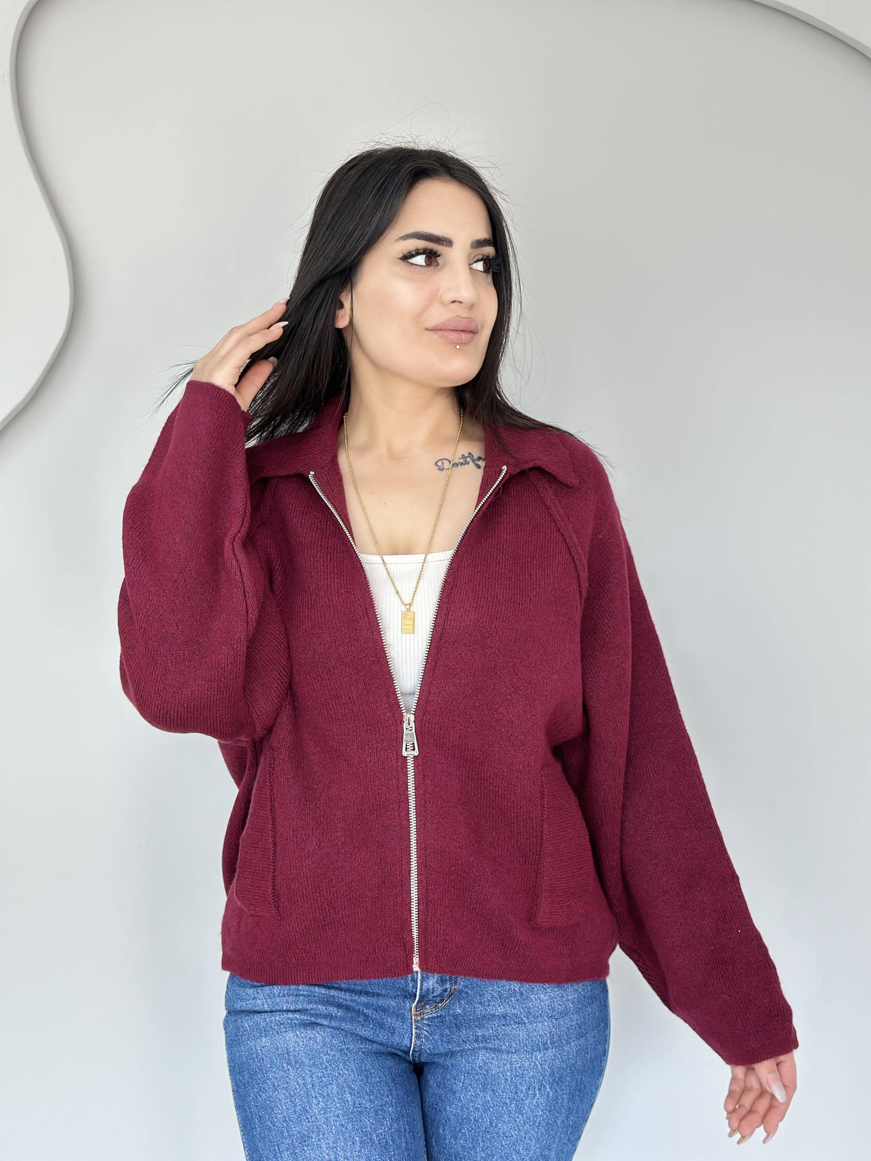 Royal Bordo Polo Yaka Fermuarlı Çelik Triko Hırka C7777