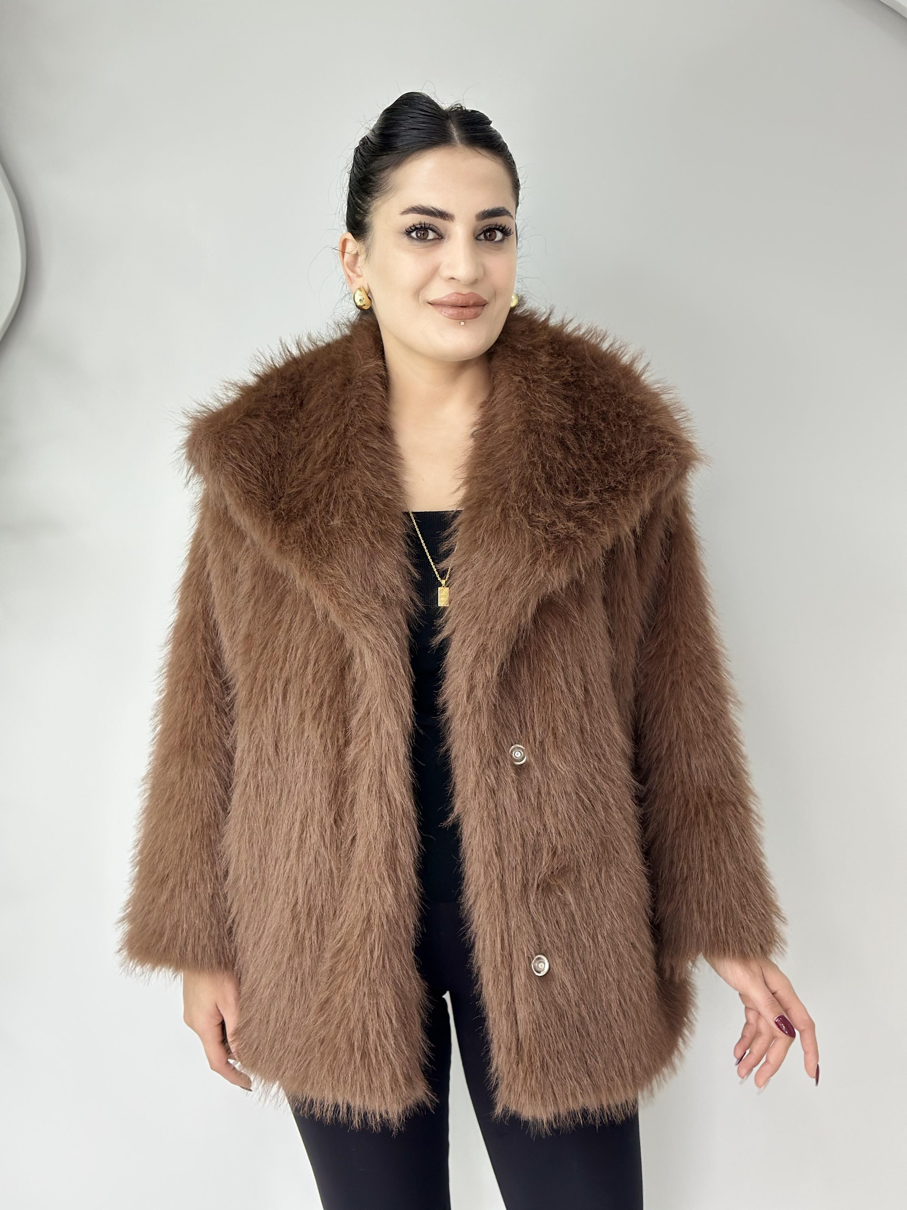 Ruby Kahve Çıtçıt Astarlı Kürk Kaban A701